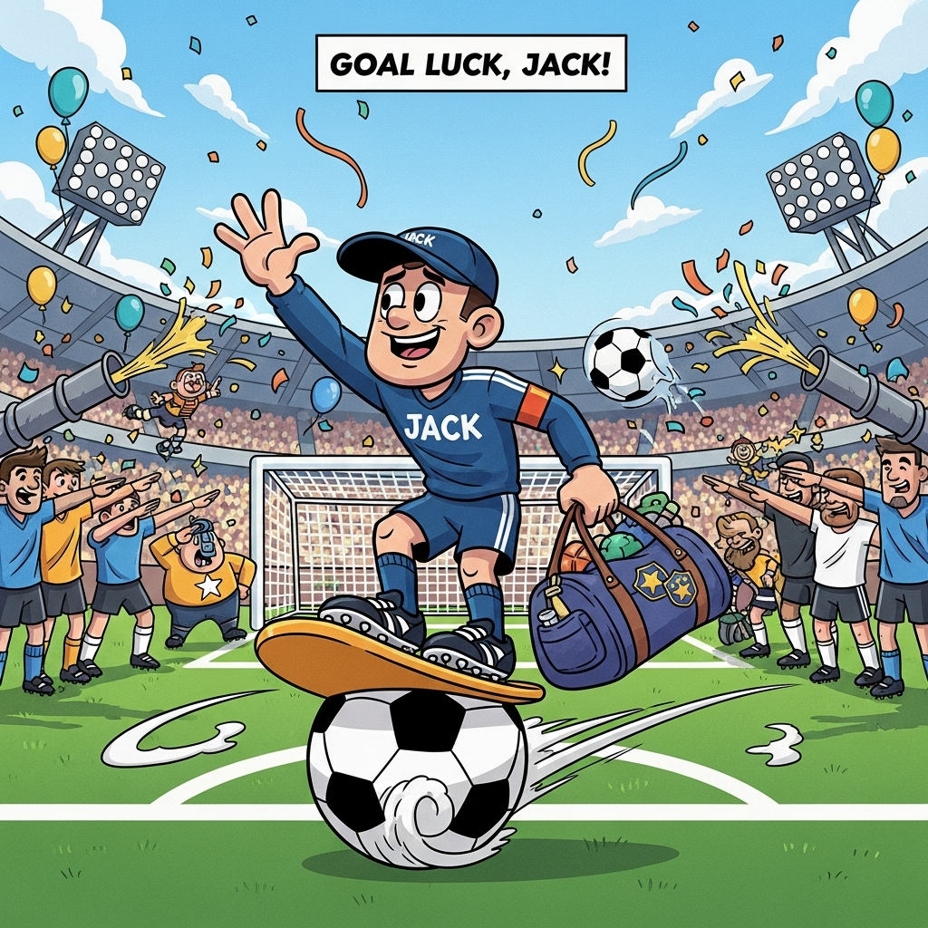 At the top of the Cartoon Style image, "Goal Luck, Jack!"

Playful, high-energy cartoon soccer scene in a sunlit stadium. Front and center, a goofy, heroic Jack with an oversized head and huge cleats rides a giant rolling soccer ball like a surfboard, one hand waving farewell, the other clutching a comically overstuffed duffel bag with generic star patches. Teammates form a guard of honor on both sides in wildly exaggerated poses—leaping, dabbing, mock-sobbing big football-shaped tears, firing confetti cannons—while a chubby whistle-mascot salutes and the goal net in the background stretches like a waving hand. Motion swooshes, sparkles, and streamers arc across the emerald pitch; balloon-like clouds and confetti shapes echo soccer motifs. Thick black outlines, bright saturated colors, playful cel shading, glossy highlights, whimsical proportions, expressive faces, and a slightly wide-angle perspective for extra dynamism. No other text.
Generated with these themes: Soccer, and .
Made with ❤️ by AI.