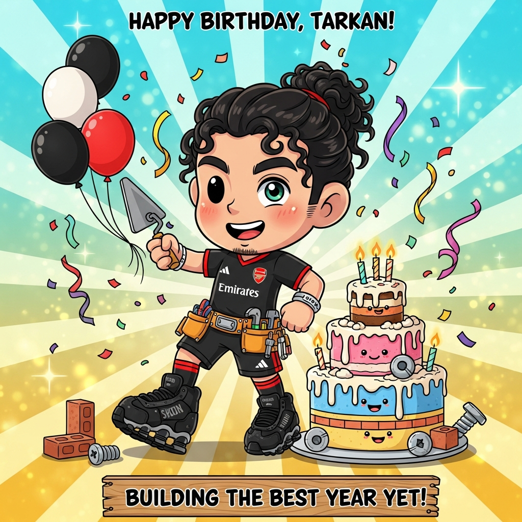 At the top of the Cartoon Style image, Happy Birthday, Tarkan!

A cute, vibrant cartoon scene with exaggerated proportions and thick outlines: a chibi-style builder stands center stage, beaming. He has dark curly hair tied in a bun, a friendly face with rosy cheeks, and a softly cloudy right eye (blind) contrasted with a bright, lively left eye. He wears a black Arsenal football top with red accents, black Shox sneakers with visible springy coils, and a tan tool belt packed with chunky, toy-like tools.

He’s mid-action, striking an energetic pose as he smooths sugary “mortar” with a trowel onto a whimsical, tiered birthday cake made from colorful bricks. The cake has glowing candles and frosting drips; a few smiling bricks and screws add extra cuteness. Confetti, streamers, and red-white-black balloons swirl around him. The background is a cheerful radial burst gradient (turquoise to warm yellow) with sparkly highlights and soft cel-shading for a playful, saturated look.

At the bottom on a small wooden plank sign in bold, bouncy lettering: “Building the best year yet!”
Generated with these themes: Man with dark curly hair in a bun, blind in right eye, builder, wearing black arsenal top and shox , and .
Made with ❤️ by AI.