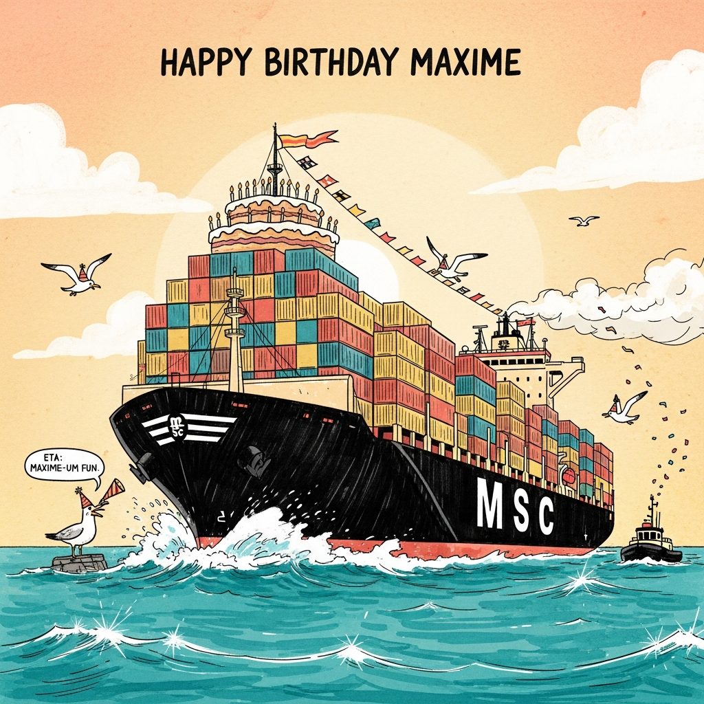 At the top of the Illustration Style image, Happy Birthday Maxime

A hand-drawn, funny nautical scene: a big MSC-style container vessel plows cheerfully through a sunlit, teal-blue sea, rendered with fine ink linework and textured gouache/watercolor brush strokes. Warm, expressive palette with golden-hour light, coral and ochre highlights, and soft paper grain. The ship’s black hull and beige superstructure are accurate to an MSC container vessel; keep “MSC” in simple, discreet block letters on the side, subtle and not overpowering. Stacks of colorful containers rise high; one top container is whimsically decorated like a giant birthday cake with tiny candles. Festive signal flags and bunting flutter from mast to mast. A couple of seagulls in tiny party hats swoop alongside; a small tugboat toots a party horn, tossing a few pieces of confetti into the spray. The sea has stylized, textured strokes and bright white foam, with sparkles of light; the sky is vast, warm, and open with soft clouds, leaving generous negative space for a balanced composition. Playful, hand-lettered mini caption as a small speech bubble from a cheeky seagull near the bow: “ETA: Maxime-um fun.” Keep all text crisp and legible, but the image remains dominant and immersive.
Generated with these themes: Container shipping, and .
Made with ❤️ by AI.