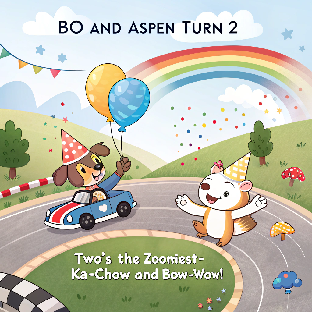 At the top of the Cartoon Style image, "Bo and Aspen turn 2"

At the bottom of the image, "Two's the zoomiest—Ka-chow and bow-wow!"

Playful, cute Cartoon Style scene with thick outlines, bright saturated colors, and whimsical, energetic poses: A sunny racetrack-meets-backyard party. Center-left, Bluey and Bingo bounce in mid-air wearing tiny party hats, showering rainbow confetti; they’re holding a shiny, sky-blue number 2 balloon. Center-right, Lightning McQueen skids into a cheerful hero pose, red paint gleaming, lightning bolt and “95” zipping by with swoosh lines. On the right, Mater rumbles in, winking, towing a giant sprinkle cupcake topped with a sparkling “2” candle. Checkered-flag bunting, star balloons, and swirls of motion tie it together. Soft sunshine, candy-colored palette, chunky sticker-like shapes, and big smiles everywhere. Clear space behind the top and bottom text for readability.
Generated with these themes: Bluey, Bingo, Lightening McQueen, Mater, and .
Made with ❤️ by AI.