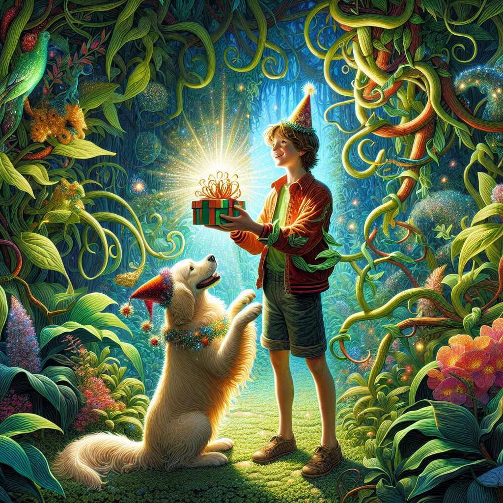 Craft a fantastical birthday illustration with elements of surrealism. Central to the composition is a radiant 16-year-old boy standing amongst the verdant hues of an abundant garden, resonating with themes of growth and life. Intertwined with the foliage is a golden retriever wearing a festive hat, brimming with loyalty and excitement as it offers a gift playfully. The plants shimmer with intermittent glimmers of light, lending an otherworldly ambience. The magic of the scene is further accentuated by the close bond the boy shares with his cousin, both of whom are reveling in the joy and innocence of youth.
Generated with these themes: 16 years old birthday, Golden retriever , Plants, and Niece.
Made with ❤️ by AI.