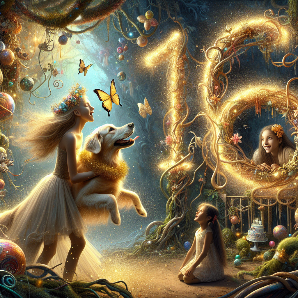 Imagine an enchanting birthday depiction, like something out of a dream. A 16-year-old girl stands, surrounded by an otherworldly array of fantastical, overgrown plants. A playful golden retriever, draped in a festive garland, joyfully leaps towards the teenage girl, encapsulating the spirit of the celebration. Shimmering particles of golden fairy dust connect this ecstatic moment to a cherished young girl, the niece, observing the scene with eyes filled with amazement. Esteemed warmth of the family element saturates the vivid tableau. And ingeniously, the number '16' subtly weaves into the scene, formed by trailing plant vines, merging the surreal with traditional birthday elements.
Generated with these themes: 16 years old birthday, Golden retriever , Plants, and Niece.
Made with ❤️ by AI.