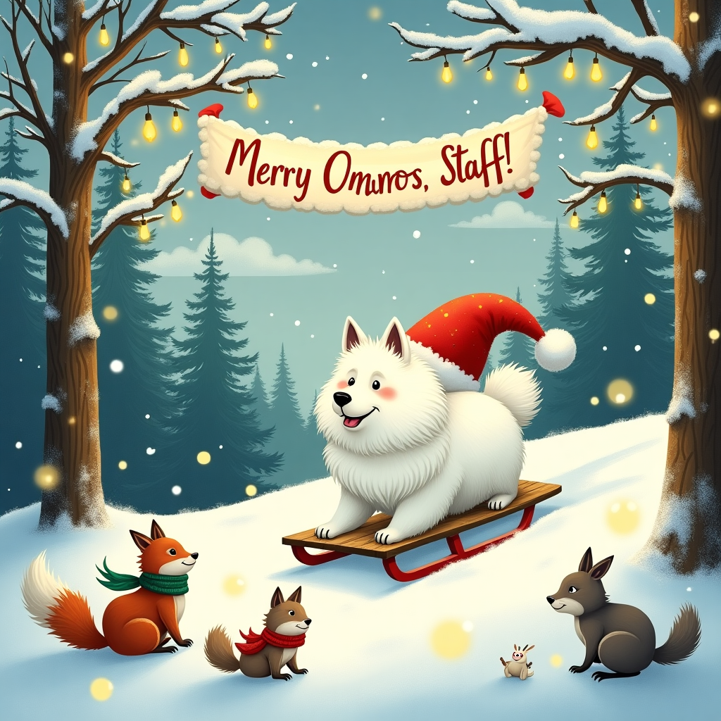 In this whimsical Christmas card illustration, a charming winter wonderland unfolds, centered around a fluffy white Samoyed dog, who is playfully sledding down a gentle, snow-covered hill. The Samoyed, with its thick, cloud-like fur and ever-smiling expression, is joyfully perched on a classic wooden sled, its paws flapping in the cold air as it rides the slope. The landscape is an enchanting snowy forest, inspired by the enchanting, intricate linework of Arthur Rackham. Tall pine trees, heavily laden with snow, frame the scene, their branches forming an intricate lace-like canopy above. Twinkling Christmas lights, reminiscent of a Beatrix Potter fairy tale, are woven through the trees, casting a magical glow over the scene. 

In the sky above, fluffy clouds take the whimsical shape of the recipient's name, "Oseyo Staff," subtly crafted to appear as though a mischievous breeze has shaped them into words. These cloud letters are illuminated by a soft, golden light from the setting sun, reminiscent of Maxfield Parrish's color palette. Nearby, an oversized Santa hat, comically too big for the dog's head, flutters behind it like a jolly flag, its white pom-pom trailing in the breeze. 

In the foreground, nestled under the trees, is a small gathering of woodland creatures—a fox, a rabbit, and a pair of squirrels—all wearing tiny, festive scarves, observing the Samoyed's antics with gleeful curiosity. Above them, a banner strung between two trees reads "Merry Christmas, Oseyo Staff!" in Quentin Blake's spirited and playful script, ensuring the greeting is both visible and integrated into this merry scene.
Generated with these themes: White Samoyed Dog.
Made with ❤️ by AI.