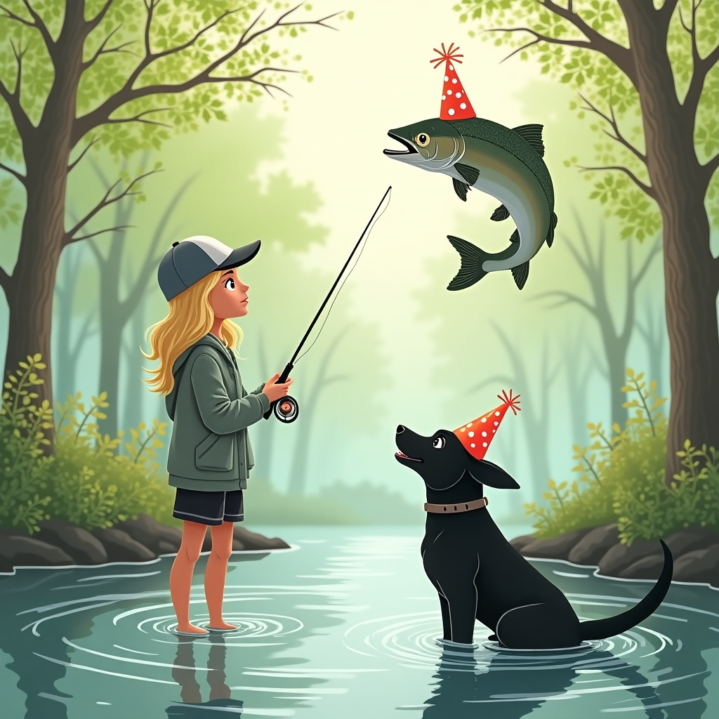 Confident blonde girl wearing a grey trucker cap, fly fishing., Soft early spring sunlight filtering through budding trees on an overcast morning. , Black shepherd-lab mix dog with pointy wearing a festive party hat., A trout wearing a party hat jumping out of the water., and The girl and the dog are looking at the trout Birthday Card