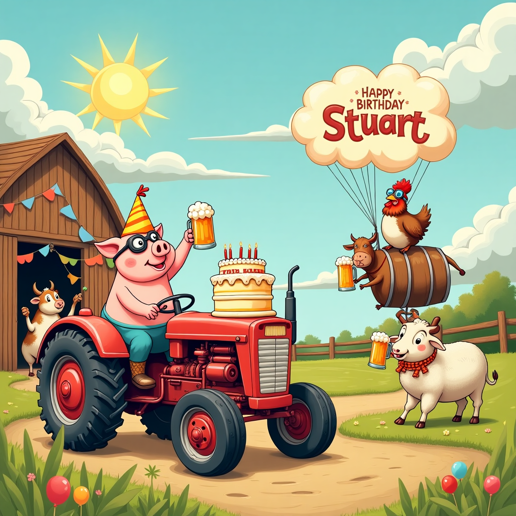 The illustration features a whimsical countryside birthday party, set on a sun-dappled farm. In the foreground, a vibrant red tractor, its paint gleaming like a ripe apple, sits proudly parked near a wooden barn. This tractor isn't just for farming today; it's festively adorned with strings of colorful bunting and balloons. Perched on its hood is an oversized birthday cake, frosted in layers of soft pastels, with an eye-catching topper that spells out "Happy Birthday Stuart" in playful, bold letters made of icing. Around the tractor, a merry group of anthropomorphic farm animals, inspired by Beatrix Potter's charm, are celebrating. A pig with a comically large party hat is hoisting a frothy mug of beer with a cheeky smile, while a rooster wearing tiny aviator goggles rides atop the tractor's steering wheel, pretending to drive. In the background, a friendly cow is attempting to balance a beer barrel on its back, with a sheep helping to stabilize it. The barn behind them has an open door through which the silhouettes of more farm animals can be seen clinking beer mugs in jubilation. Above this lively scene, fluffy white clouds drift lazily across a bright blue sky, and in the largest cloud, the name "Stuart" is cleverly woven into its shape, a subtle nod to the day's honoree. This lively and quirky tableau captures a unique birthday bash that blends rural charm with a humorous twist, all under a sun that shines down like a spotlight on the festivities.
Generated with these themes: Red tractor , and Beer.
Made with ❤️ by AI.