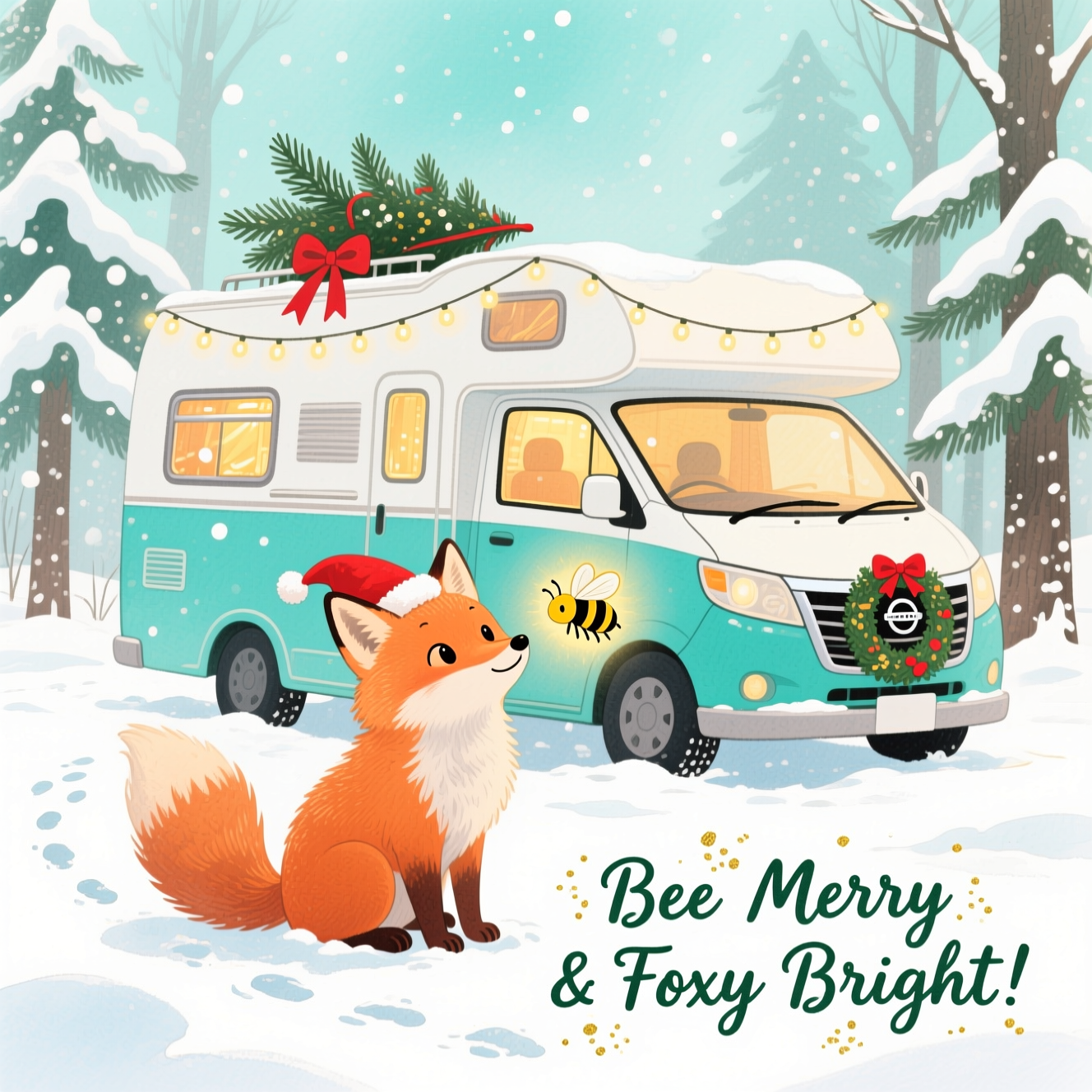 FOx looking at a bee, Turquoise & white nissan elgrand campervan , Christmas , and Christmas Card