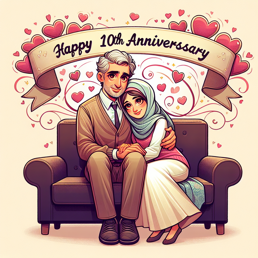 Create a touching cartoon image featuring a Caucasian man and a Middle-Eastern woman, sitting and hugging each other on a comfortable bench. They are enveloped by an animated swirl of hearts symbolizing their decade of love and companionship. A banner placed overhead exhibits the words 'Happy 10th Anniversary' written in a fun, cursive style. The overall scene has a warm atmosphere, shown through pastel shades. The couple's eyes glimmer with recollection of shared experiences, encapsulating their joint ten-year journey. The characters are drawn in a charming, cartoon style.
Generated with these themes: 10 years wedding anniversary, History, and Love.
Made with ❤️ by AI.