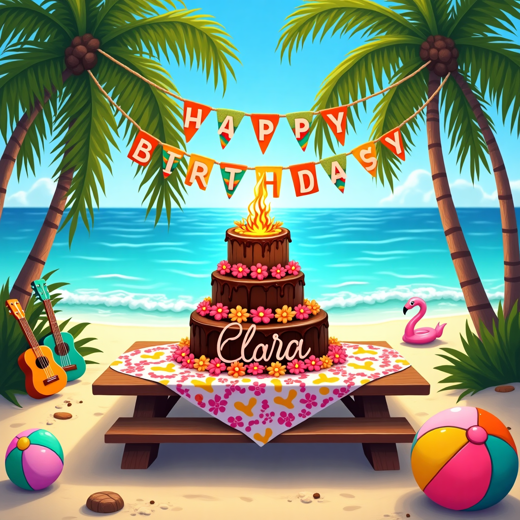 The front cover of this birthday greeting card features a realistic, vibrant photograph-style illustration capturing a Hawaiian-themed birthday celebration on a sandy beach. In the foreground, there's a large wooden picnic table covered with a brightly patterned tablecloth adorned with tropical flowers like hibiscus and plumeria in shades of pink, red, and white. On the table sits a towering, multi-tiered birthday cake, skillfully decorated to resemble a volcano with rich chocolate icing "lava" cascading down the sides. 

At the peak of the cake, instead of a traditional birthday candle, a miniature plastic tiki torch flickers, casting a warm glow over the scene. Perched on the side of the cake, the name "Clara" is written in bold, colorful letters made from fondant, resembling surfboards with vivid designs of teal, orange, and lime green.

Behind the table, several palm trees sway gently, their long, elegant fronds arching across the top half of the card. The sky is a brilliant blue with the midday sun casting bright reflections on the gentle waves of the ocean in the background. Scattered around the scene are a few ukuleles and beach balls in vivid rainbow patterns, adding splashes of color to the sandy ground.

Suspended between two palm trees, a festive banner stretches across the top of the image. Each flag of the banner features a different Hawaiian pattern, alternating between traditional geometric shapes and lush green leaves. The scene is bustling with life, from the vivid pink flamingo inflatables floating near the shore to the sandy footprints leading up to the table, creating a detailed and dynamic snapshot of a Hawaiian birthday celebration.
Generated with these themes: Hawaii.
Made with ❤️ by AI.
