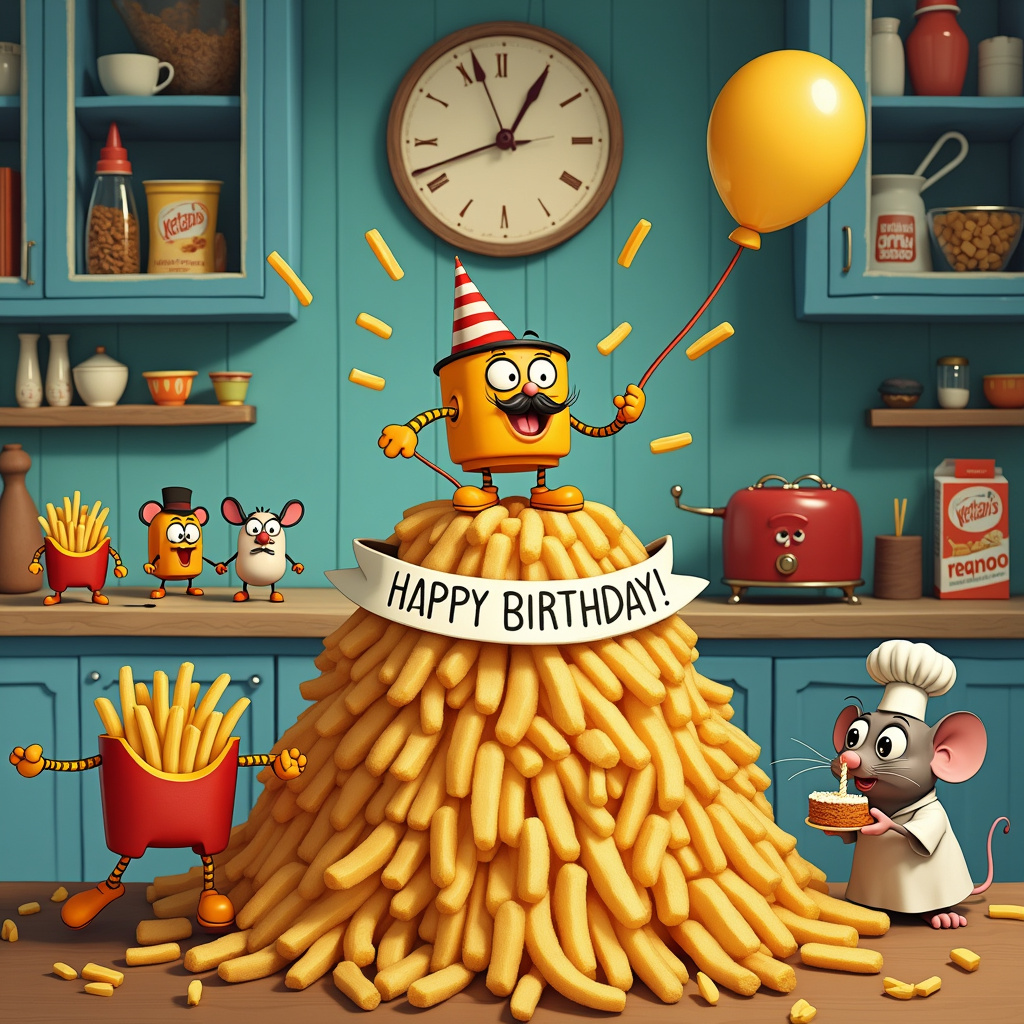 The front cover of this birthday greeting card features a whimsical cartoon scene set in a fantastical kitchen. In the foreground, we see a lively animated Weetabix character, dressed in a dapper birthday hat and a tiny bow tie. He’s perched atop a mound of French fries, which are whimsically styled like a mountain range with craggy peaks and valleys. Each fry is slightly different, giving the mound a dynamic texture. 

To the left of the Weetabix character, there's a gaggle of anthropomorphic French fries, each one distinct: one is wearing oversized sunglasses, another has a comically large moustache, and a third is sporting a jaunty beret, making a cheeky nod to French culture. They're holding a banner that reads "Happy Birthday!" in festive, colorful letters. 

In the background, the kitchen counters and cabinets are slightly exaggerated in size, in the style of Winsor McCay's "Little Nemo in Slumberland," creating a sense of childlike wonder. The cabinets are open, revealing boxes of cereal and bags of French fries lined up like soldiers ready for a parade.

Above them, a quirky, retro-looking clock shaped like a ketchup bottle and a milk carton stands out on the wall, with its hands set to "Birthday Time!" Nearby, a friendly toaster with a face is launching slices of toast like fireworks, adding to the celebratory atmosphere. 

Suspended in the air, a shiny birthday balloon in the shape of a giant Weetabix floats, its string tied to the main Weetabix character’s arm, helping him balance atop the fry mountain.

In the far right corner, a small mouse wearing a chef’s hat peeks out from behind a cereal box, holding a tiny birthday cake with a single candle, ready to join in on the celebration. The mouse's eyes are wide with excitement, and its whiskers are twitching with anticipation.

All these elements come together in a vibrant, fun, and dynamic scene that is both unique and engaging, perfect for a birthday greeting card.
Generated with these themes: Weetabix, and French fries.
Made with ❤️ by AI.