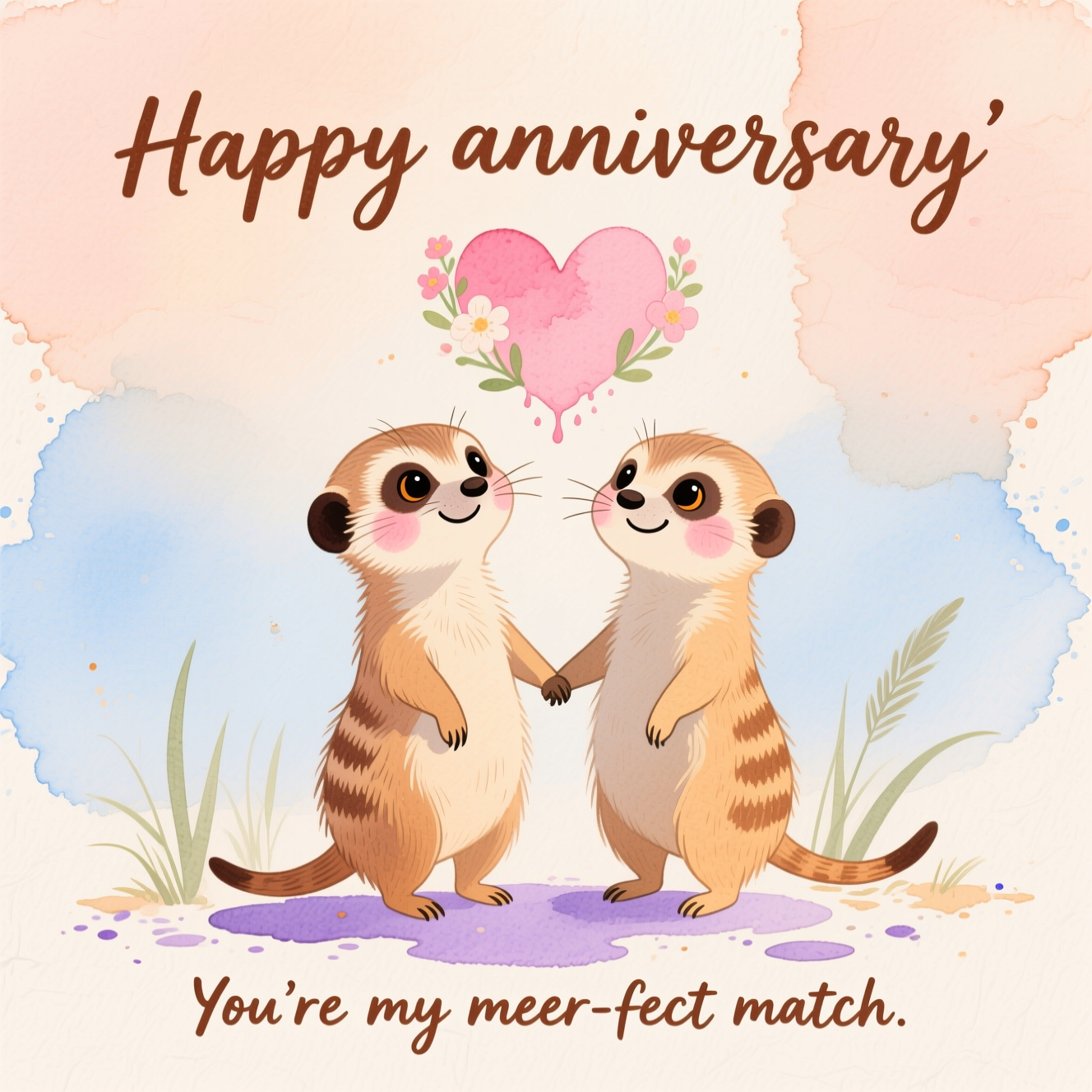 Two meerkats holding hands with a love heart above them, and Anniversary Card