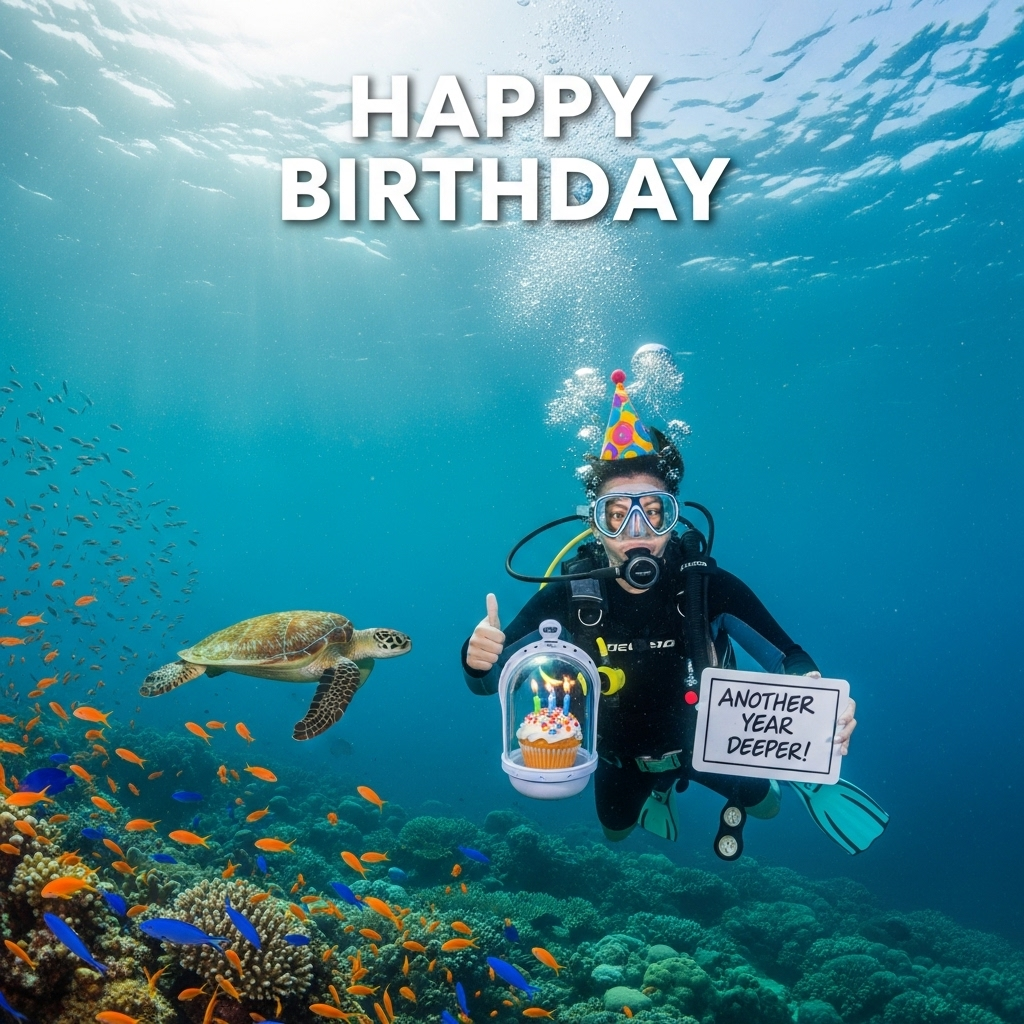 At the top of the Photorealistic picture taken from a camera image, Happy Birthday

Ultra-high-definition 4K UHD underwater photograph, funny mood, realistic style with accurate lighting, lifelike textures, and rich depth of field. Wide-angle underwater shot on a tropical reef: sunbeams piercing crystal-clear turquoise water, soft particulate bokeh, and dappled caustics near the surface. Foreground: a cheerful scuba diver in full gear (black wetsuit, mask, regulator, BCD, tank, fins) hovers neutrally buoyant above vibrant coral. The diver wears a small waterproof cone party hat strapped to the mask strap, gives a thumbs-up, and holds a transparent waterproof capsule containing a cupcake with colorful sprinkles and unlit candles. In the other hand, the diver presents a small white underwater slate that reads, in a handwritten marker style: “Another year deeper!” A curious sea turtle glides past in the midground, while a school of orange anthias and blue chromis swirl around like confetti; bubbles from the regulator drift upward. Composition leaves generous negative space at the top for the main text. Place “Happy Birthday” in clean, bold white sans-serif at the top with a subtle drop shadow for readability against the blue water. Photorealistic camera look with a dome-port perspective, natural color grading, crisp focus on the diver and slate, slightly softer background corals, no logos or additional text.
Generated with these themes: Scuba diver birthday card, and .
Made with ❤️ by AI.