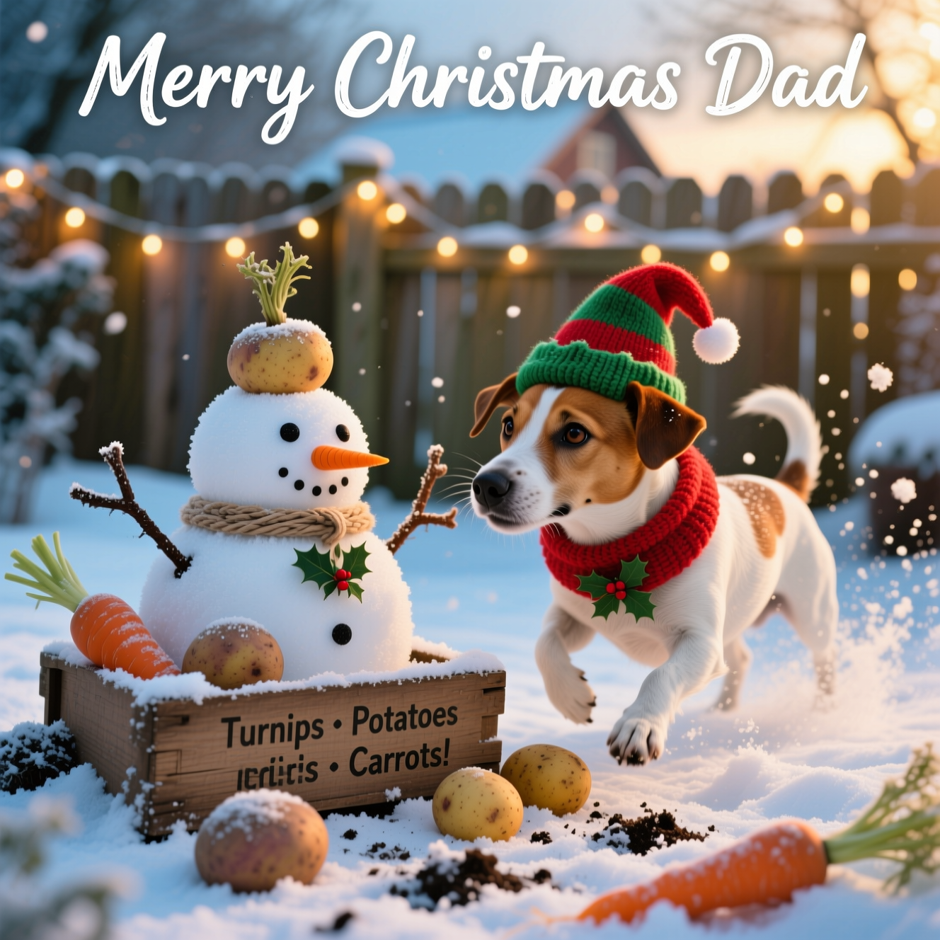 At the top of the Photorealistic picture taken from a camera image, Merry Christmas Dad

Ultra-high-definition 4K UHD photograph with accurate lighting, lifelike textures, and a rich, layered depth of field. A funny, true-to-life winter scene in a snowy back garden at golden hour, warm fairy lights strung along a wooden fence creating soft bokeh. Foreground: a cheeky Jack Russell terrier in a tiny red-and-green elf hat and knitted scarf, mid-pounce, stealing the carrot nose from a wobbly “snowman” built entirely from root veg—large frost-dusted turnip as the base, lumpy russet potato torso, smaller potato head. Carrot stick arms splay out, a twine scarf around the “neck,” a little holly sprig pinned to the chest. Potatoes and carrots scatter across the snow, speckled with soil and sparkling frost crystals; a weathered wooden crate stamped “Turnips • Potatoes • Carrots” sits half-buried nearby. The Jack Russell’s eyes are sharp and mischievous, whiskers dusted with snow, breath visible in the cold air, tiny snow clumps kicked up for motion.

Lighting: low winter sun rim-lights the dog and vegetables; natural, balanced color with warm highlights and cool blue shadows on the snow. Camera: full-frame DSLR (Sony A7R IV), 50mm prime, f/2.8, 1/1000s, ISO 200. Focus locked on the dog’s eyes and the carrot; creamy background bokeh, crisp micro-detail on fur, vegetable skin, twine fibers, and snow crystals. Composition: rule-of-thirds with the veg snowman just off-center, the Jack Russell entering frame from the right, horizon low to leave clean negative space at the top.

Typography integration: frosted-white, hand-lettered script at the very top reading “Merry Christmas Dad,” with a subtle warm glow echoing the fairy lights and a gentle drop shadow for readability against the sky.

Small in-scene gag caption: a tiny chalkboard tag stuck in the snow near the crate reads, “I carrot believe it’s Christmas!”
Generated with these themes: Turnips, Potatoes, Carrots, Jack russell, and .
Made with ❤️ by AI.
