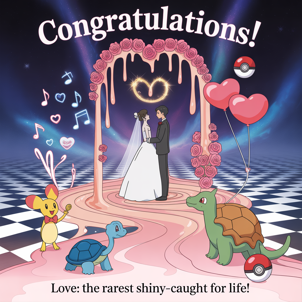At the top of the Surreal Style image, "Congratulations!"

At the bottom of the Surreal Style image, "Love: the rarest shiny—caught for life!"

Romantic, dreamlike, Dali-inspired anime wedding scene: an anime bride and groom stand beneath a melting clock-arch that drips into rose petals, exchanging luminous rings that float like twin moons. The aisle is a ribbon of stardust curling over a gently melting checkerboard sea; elongated shadows, ethereal lighting with pearlescent glow in blush pink, gold, and midnight indigo. Pokemon-inspired whimsy: a cheerful yellow electric mouse in a tiny bow tie presents the rings; a blue turtle fountains glitter into heart-shaped clouds; a leafy little dinosaur blooms a rose-canopy around the couple; a rosy balloon singer hums as musical notes drift like soap bubbles; red-and-white capture orbs soften and melt into heart-shaped balloons rising into the sky. The bride’s veil unspools into an infinity symbol of starlight; sakura petals morph into tiny hearts midair; doves dissolve into paper cranes as they fly. Anime styling with delicate cel-shaded linework, big sparkling eyes, soft bloom and bokeh, painterly gradients, surreal distortions and impossible perspective. Typography: the top headline large and elegant, pearlescent serif with a subtle gold rim floating in the clouds; the bottom punchline in playful handwritten script on a ribbon of light across the lower edge. High detail, cinematic composition, romantic mood throughout.
Generated with these themes: Anime , POKEMON , Wedding, and .
Made with ❤️ by AI.