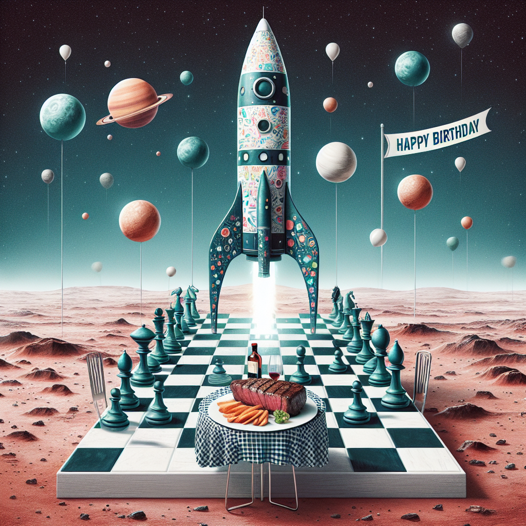 Create a whimsical birthday illustration that features a towering space rocket adorned with playful patterns, ready to launch from an extensive chessboard-grid launchpad. Have the chess pieces look like they're floating around the rocket, performing movements that defy the laws of physics. In this surreal setting, picture a celebratory table on the surface of Mars, elegantly draped with a checkered cloth. On the table, there's a succulent steak dinner, with the tantalizing aroma of the meal contrasting with the metallic scent of the eager rocket on the brink of lift-off.
Generated with these themes: Space rocket , Quantum physics , Chess, Steak , and Mars.
Made with ❤️ by AI.