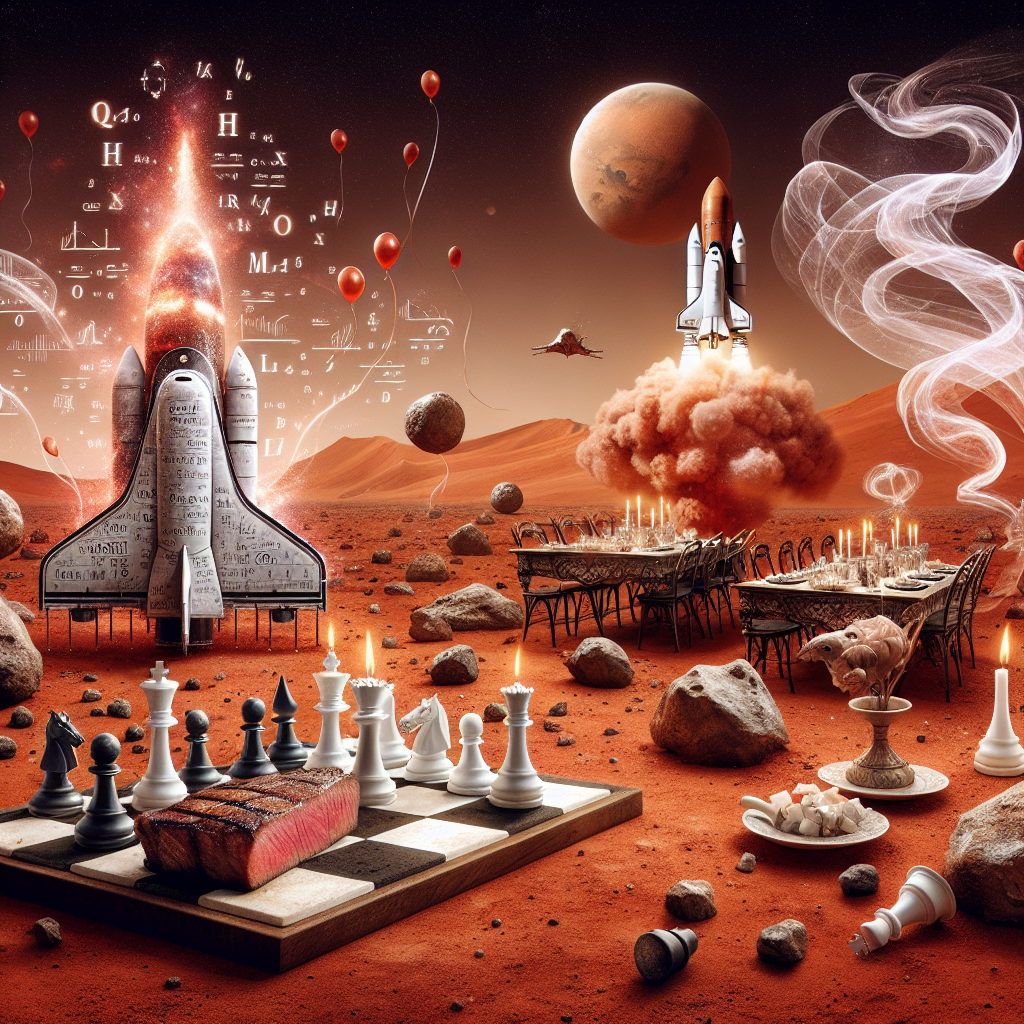 Imagine a festive birthday scene set against the surreal surroundings of Mars. The dusty red plains transform into a gigantic chessboard. An intricate space rocket, embellished with complex quantum physics equations, awaits launch, surrounded by ghostly tendrils of steam whispering secrets of the universe. Oversized chess pieces inhabit the landscape, humorously set as if in the middle of a timeless game. Taking the spotlight, a perfectly cooked steak rests upon a Martian rock, showcasing the clash of typical and enchanting elements in this extraordinary birthday event.
Generated with these themes: Space rocket , Quantum physics , Chess, Steak , and Mars.
Made with ❤️ by AI.