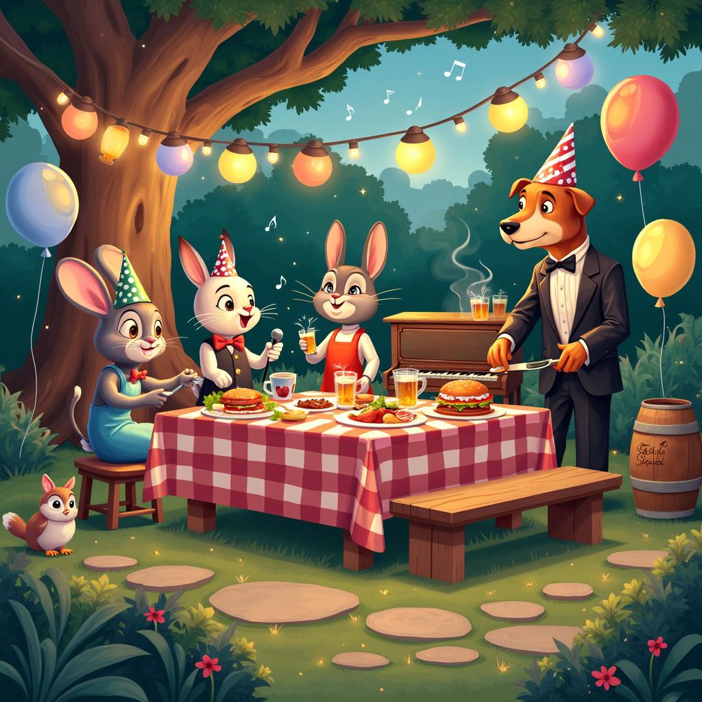 On a lively Saturday evening, the scene unfolds in a vibrant backyard garden basking in the warm sunset. A large oak tree stands proudly, adorned with colorful lanterns that sway gently in the breeze, while twinkling string lights crisscross overhead, creating a whimsical canopy. At the heart of this festive setting is a long wooden picnic table, elegantly draped with a checkered red and white tablecloth, overflowing with an enticing assortment of food and beverages that promise a delightful feast.

Among the characters is Max, a cheerful dog who proudly dons a chef's hat and an apron emblazoned with the words "Grill Master," as he expertly flips burgers on a sizzling grill. Nearby, Lily, a fashionable cat dressed in a sleek evening dress and pearls, pours refreshing beers from a vintage wooden keg labeled "Saturday Special," adding to the festive atmosphere. Tom, a mouse in a sharp tuxedo, sits at an upright piano, his fingers dancing over the keys, filling the air with lively jazz music accompanied by floating music notes. Ruby, a rabbit clad in a snazzy suit, joyfully sings into a microphone, her foot tapping on the piano in perfect rhythm. Meanwhile, Ella, an owl sporting a snappy bow tie and monocle, perches atop a stool with a cookbook open, giving Max helpful pointers on delicious recipes.

Adding to the playful ambiance are colorful balloons tied to the picnic table, some drifting lazily in the background. Party hats are scattered about, some perched atop the heads of the characters, infusing the gathering with spontaneity. Leaning against the piano, a trumpet, a drum, and a guitar lie in wait for the next tune to emerge, while a large sign hanging between two trees joyfully declares "Happy Birthday!" 

This enchanting scene brings together good clothes, Saturday evening beers, cooking, and music, weaving a vibrant tapestry of joy and celebration.  
Generated with these themes: Good clothes, Saturday evening beers, cooking, music.  
Made with ❤️ by AI.