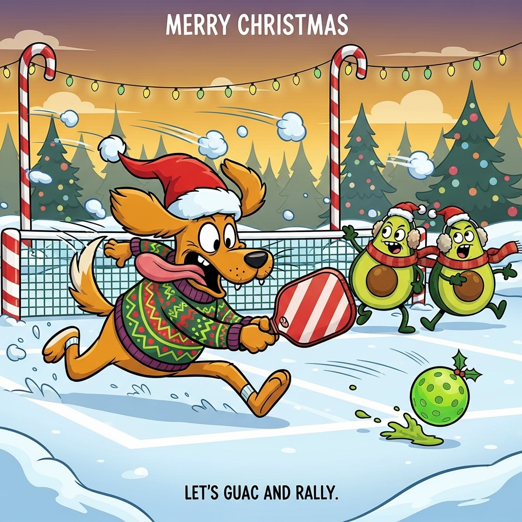 At the top of the Cartoon Style image, Merry Christmas

Playful, funny, high-energy Cartoon Style scene with thick outlines and bright saturated colors: a snowy holiday pickleball (pickle ball) court. Center stage, a goofy golden retriever in an oversized Santa hat and a wildly festive sweater is sprinting full-tilt, ears flapping, tongue out, gripping a candy-cane–striped paddle. Two anthropomorphic avocados in scarves and earmuffs are running and lunging after a neon-green dimpled pickleball adorned with a tiny sprig of holly. Candy-cane net posts, twinkling string lights, flying snow puffs, swoosh lines, and big exaggerated poses. Background of ornament-dotted pine trees under a warm golden twilight sky. Bold cel shading, chunky black outlines, bouncy proportions, super expressive faces; a tiny visual gag: a little smear of guacamole where an avocado skidded. At the bottom of the image, small playful caption: Let’s guac and rally!
Generated with these themes: Golden retriever, avocados, running, pickle ball, and .
Made with ❤️ by AI.