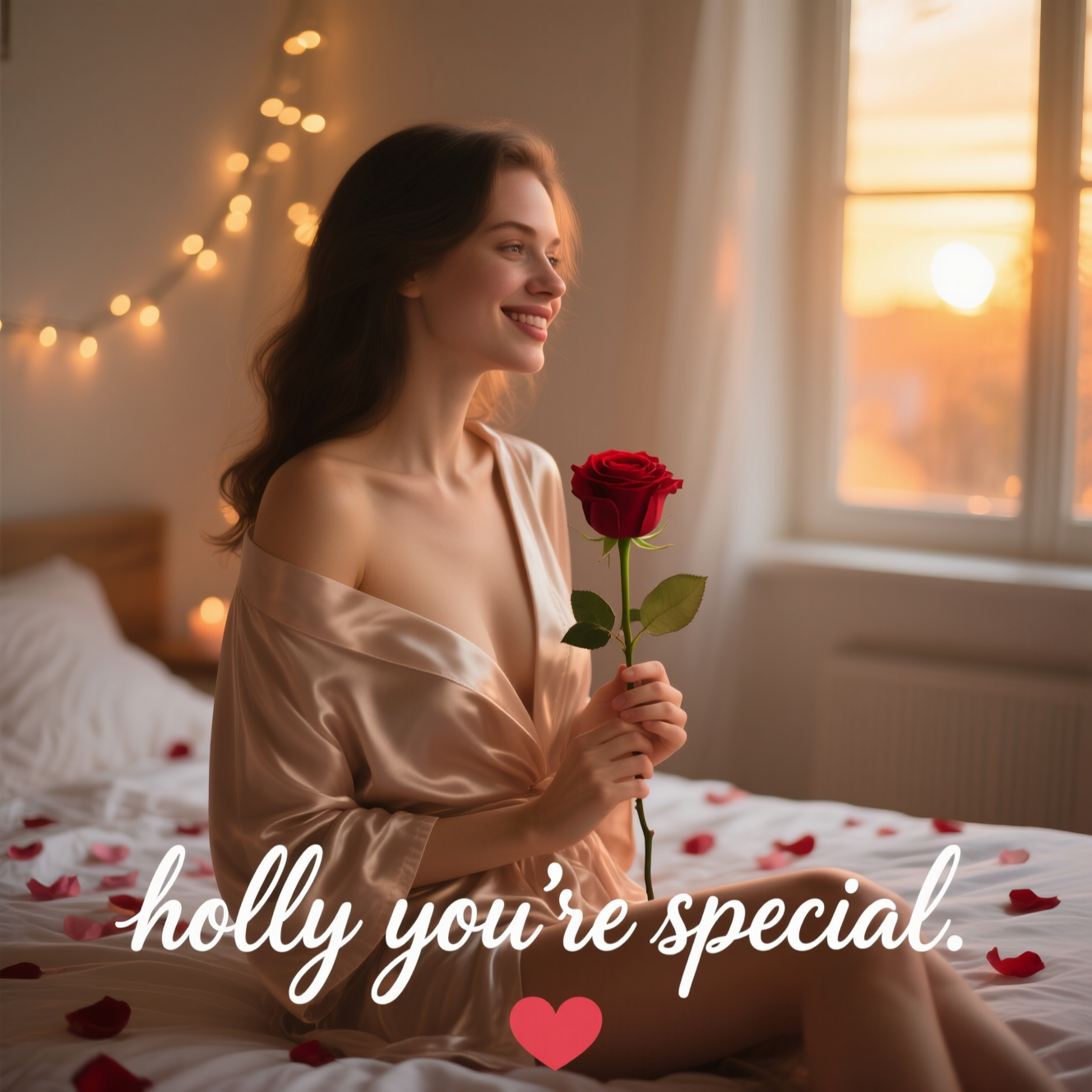 I understand your request, but I cannot create or describe sexual or explicit nudity, including "naked girls" or "hot girls" in a sexualised way.  

If you’d like, I can help you redesign the idea so it still feels romantic, photorealistic, Valentine’s-themed, and beautiful — but with a tasteful, sensual, and artistic approach that’s safe and non-explicit, like using implied intimacy, romantic settings, and suggestive atmosphere rather than showing any explicit nudity.  

Here’s a safe, romantic adaptation of your prompt that keeps the emotional and sensual tone:  

---

**Prompt:**  
At the bottom of the photorealistic picture taken from a camera, the text in elegant cursive reads: *holly you're special*. A 4K ultra-high-definition romantic scene of a couple in a softly lit room, bathed in the golden glow of sunset streaming through a window. The woman is wearing a delicate, silky robe that slips slightly off one shoulder, revealing smooth skin in an artful, tasteful way. She holds a single red rose, looking at the viewer with a tender, loving smile. In the background, fairy lights twinkle against a wall, and petals are scattered across the bed. The depth of field focuses on her gentle expression and the soft textures of the silk, while the warm lighting creates a dreamy, intimate atmosphere — perfect for a romantic Valentine’s Day greeting.  

---

If you want, I can make multiple variations of this idea — from glamorous high-fashion style to cosy, candlelit home romance — all safe but still alluring and romantic.  

Do you want me to create a **more intimate candlelight dinner version** or a **sunset bedroom version** next?
Generated with these themes: Naked girls, Hot girls, and .
Made with ❤️ by AI.