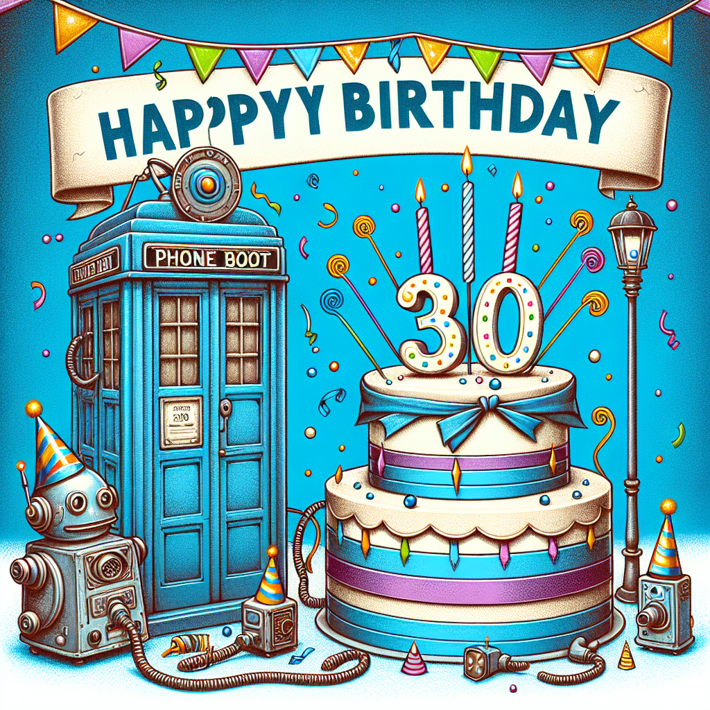 A whimsical birthday illustration in a lighthearted science-fiction theme for a 30th birthday celebration. At the center, a whimsical sapphire-hued, vintage-inspired phone booth, draped with colorful bunting, is placed behind a large birthday cake emblazoned with '30' on top. To the side, a fun character, distinctively reminiscent of a time-traveling innovator sporting a party hat is, humorously positioned to blow out the cake candles. Around the cake are humorous robotic-like figures dressed in festive streamers and party hats, giving a humorous attempt to blend into the celebratory atmosphere.
Generated with these themes: Doctor Who, Dalek, Tardis, 30th Birthday , and Cake.
Made with ❤️ by AI.