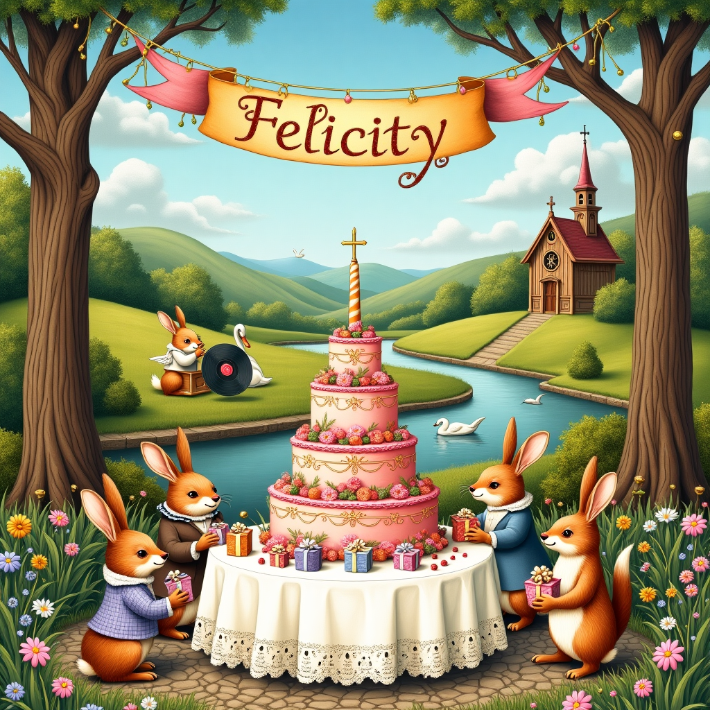 In the foreground of the birthday greeting card, imagine a detailed hand-drawn illustration depicting a whimsical and slightly surreal birthday party scene set in an enchanting garden, reminiscent of a Beatrix Potter setting. The garden is lush with wildflowers, tall grasses, and quaint cobblestone paths leading to a centerpiece—a grand, ornate table draped in an embroidered white tablecloth with delicate lace edges, inspired by the intricate line work of Aubrey Beardsley.

The table is adorned with a large, multi-tiered birthday cake, its surface richly decorated with miniature figurines of saints and angels, reminiscent of a traditional Catholic theme. The cake is iced in shades of pastel pink and lavender, with intricate gold filigree details wrapping around each tier, inspired by the detailed textures of Arthur Rackham.

Around the table, a diverse assembly of woodland creatures dressed in celebratory attire—rabbits in waistcoats, foxes with bow ties, and hedgehogs in bonnets—gather, each holding small gifts wrapped in bright, patterned papers. This lively gathering has a touch of Maurice Sendak’s whimsy, where the animals appear lively yet rooted in realism.

In the background, a series of rolling hills extend under a bright blue sky dotted with fluffy, Maxfield Parrish-style clouds. Above the scene, a vibrant, hand-painted banner stretches between two towering oak trees, fluttering gently in the breeze. The banner, in ornate, gold-leafed script, reads "Felicity," its letters elegantly interwoven with vines and tiny blossoms.

Nestled among the garden's flowers, a small, wooden, Gothic-style chapel is visible in the distance, its pointed arches and stained-glass windows glistening in the sunlight. A few cherubic figures, echoing the style of Gustave Doré, float playfully near the chapel, lending a touch of celestial charm.

Scattered throughout the garden are whimsical elements like a vintage phonograph playing vinyl records, its brass horn shining in the sunlight, and a small pond where a swan glides serenely, its reflection rippling in the water. Each element, rendered in the expressive, loose style of Quentin Blake, contributes to a scene that's both magical and grounded in richly detailed storytelling.
Generated with these themes: catholic.
Made with ❤️ by AI.