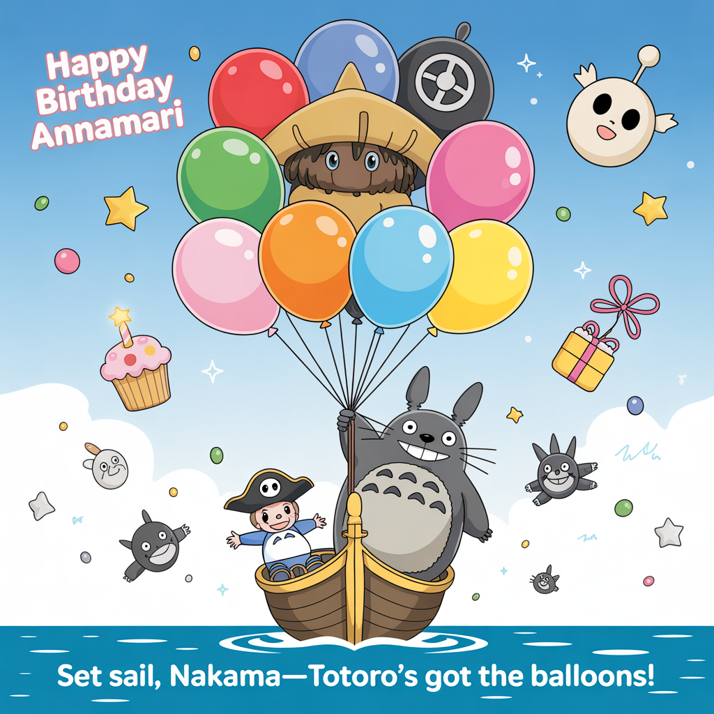 At the top of the Cartoon Style image, "HAPPY BIRTHDAY ANNAMARI"

At the bottom of the image, "Set sail, Nakama—Totoro’s got the balloons!"

In the center, create a joyous sky-sea mashup parade: a chibi Straw Hat pirate balancing on the bow of a tiny sunny-faced pirate ship gondola that’s being lofted by an enormous bouquet of glossy balloons. A towering, cuddly Totoro is the gentle balloon wrangler, holding the strings with a plush paw and a warm grin. Chibi Chopper (big hat, tiny hooves) presents a cupcake with a sparkling candle, while soot sprites tumble around like confetti, clutching pastel star candies. No-Face floats by, offering a ribbon-tied gift bag. Balloons are shiny and varied: bright spheres, acorns, a cute wheel, a straw-hat emblem, and smiley soot-sprite balloons, with swirling ribbons and sparkles. Background: a turquoise, sunlit sky with puffy, wave-shaped clouds and a hint of distant lanterns drifting. Style: playful chibi proportions, thick inked outlines, bright saturated colors, cel-shaded highlights, energetic, whimsical motion lines and confetti. Leave clean sky space for the top headline and a soft cloud band for the bottom punchline; render both texts in bold, puffy lettering with a white stroke and subtle shadow for readability. Mood: cute, celebratory, and adventurous.
Generated with these themes: ONE PIECE, STUDIO GHIBLI, BALLOONS, and .
Made with ❤️ by AI.