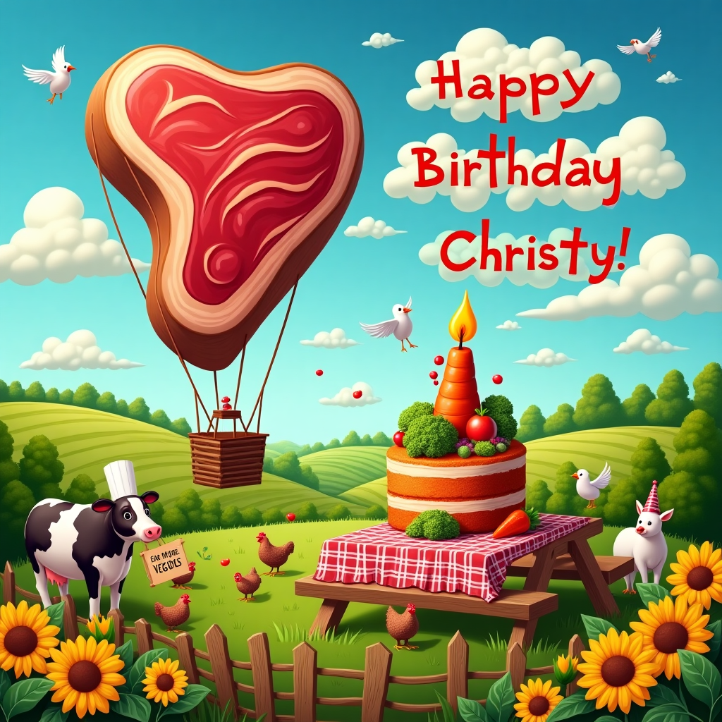In a lush and whimsical farm setting, the scene bursts with life and humor as the sun rises on Christy's birthday. Dominating the foreground is a hilariously oversized T-bone steak, fashioned as a hot air balloon, gently bobbing above a patchwork of vibrant green fields. The balloon's ropes are tethered to a rustic wooden fence below, where various farm animals gather. A flock of chickens pecks at the ground, each wearing tiny chef hats, as if preparing for a grand organic feast. To the left, a robust cow, wearing a party hat, holds a sign in its mouth that reads "Eat More Veggies" as a playful nod to the carnivore diet, while munching on a vibrant bunch of kale. At the heart of the scene stands a giant carrot cake, topped with a whimsical twist: a towering sculpture of farm-fresh vegetables, artfully arranged to resemble a birthday candle. The cake is placed on a picnic table draped with a red and white checkered cloth, surrounded by laughing farm animals. Above, the sky is a brilliant blue, adorned with fluffy clouds shaped like bacon strips, and in these clouds, the name "Christy" is skillfully inscribed, forming a joyful "Happy Birthday Christy!" message. A few cheerful birds circle around the cloud message, enhancing the festive atmosphere. The entire scene is framed by rows of sunflowers, their bright yellow faces turned towards the sun, adding a touch of warmth and vibrancy to this imaginative and quirky birthday card design.
Generated with these themes: Carnivore Diet, Healthy, Organic, and Farm Fresh.
Made with ❤️ by AI.
