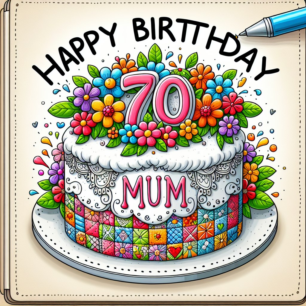 Create an image of a charming, cute cartoon theme celebrating a 70th birthday. The central piece is a quilt-designed birthday cake with detailed patchwork frosting. Piped on top elegantly in frosting is the heartfelt inscription 'Happy Birthday Mum'. The cake is adorned with a brilliant splash of vibrant cartoon flowers, lending it a whimsical touch. The overall ambiance radiates joy and warmth, perfectly capturing the festive spirit of a mother's milestone birthday.
Generated with these themes: Quilted cake, 70th birthday, Happy Birthday Mum, and Flowers.
Made with ❤️ by AI.