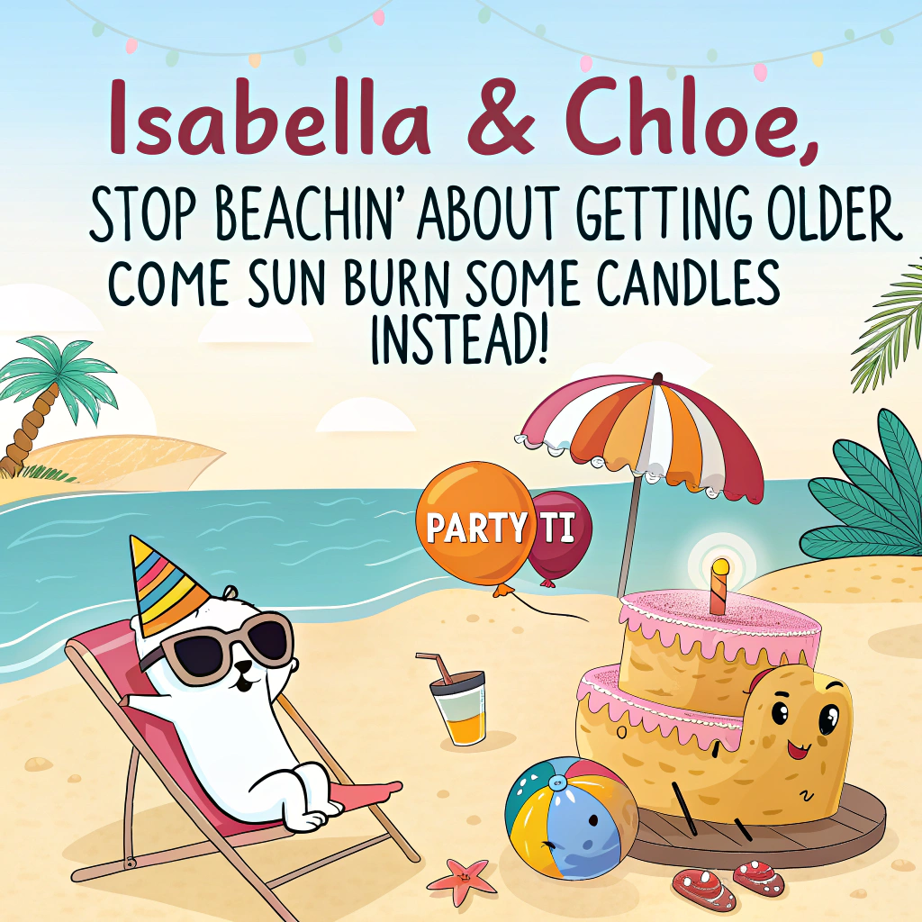 At the top of the image, "Isabella & Chloe, stop beachin’ about getting older—come sun-burn some candles instead!"  

- Create a bright, funny vector scene featuring two cheeky cartoon sun loungers with sunglasses, one wearing a birthday hat, the other sipping a coconut drink through a curly straw.  
- In the background, there's a sunny beach with balloons floating over palm trees and a grinning sun holding a giant birthday cake like a lifeguard floatie.  
- Seagulls overhead spell out “Party Time” with little party blowers in their beaks.
Generated with these themes: Come have some fun in the sun.
Made with ❤️ by AI.