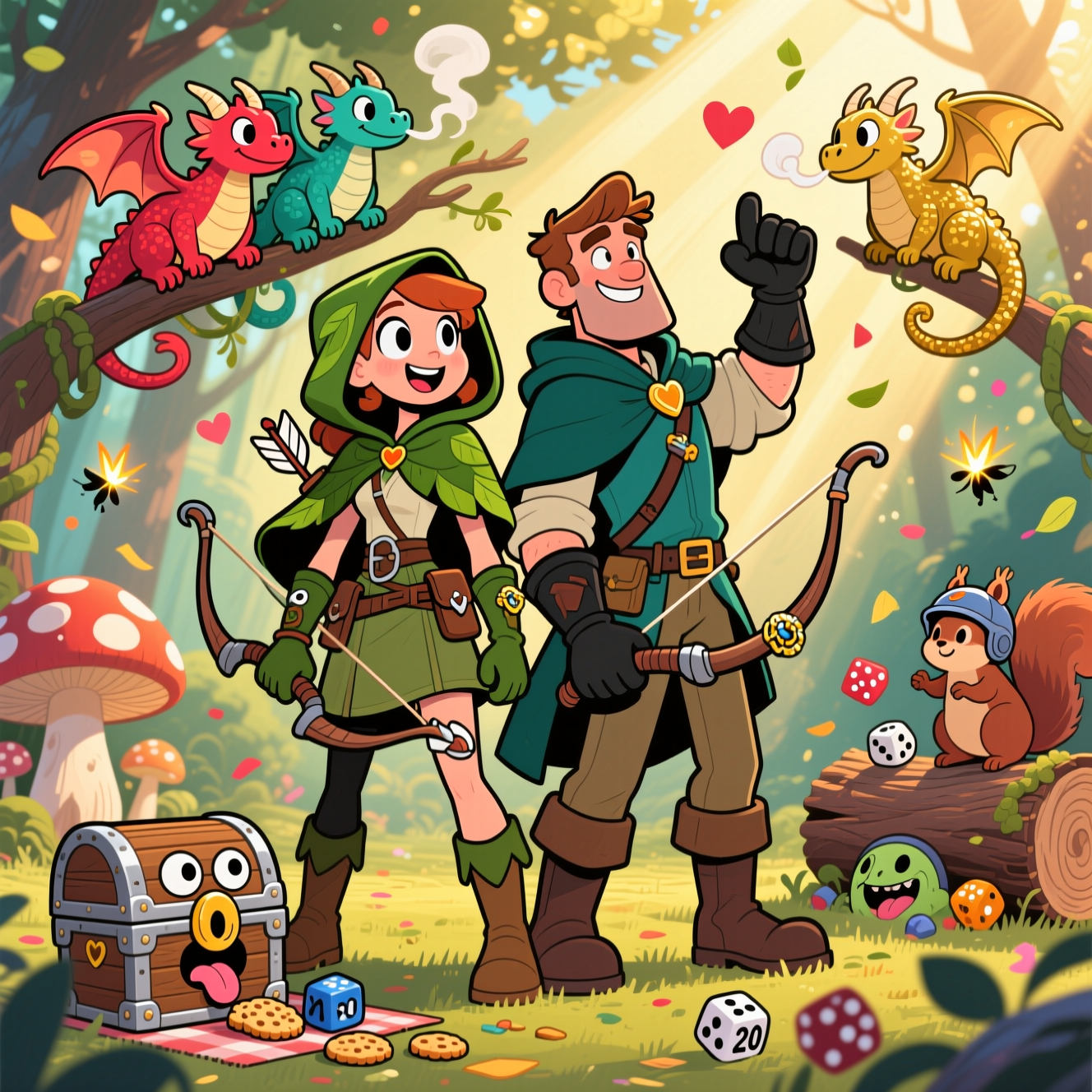 A DND theme of a ranger husband and wife in the woods with some dragons and a mimic, and Anniversary Card