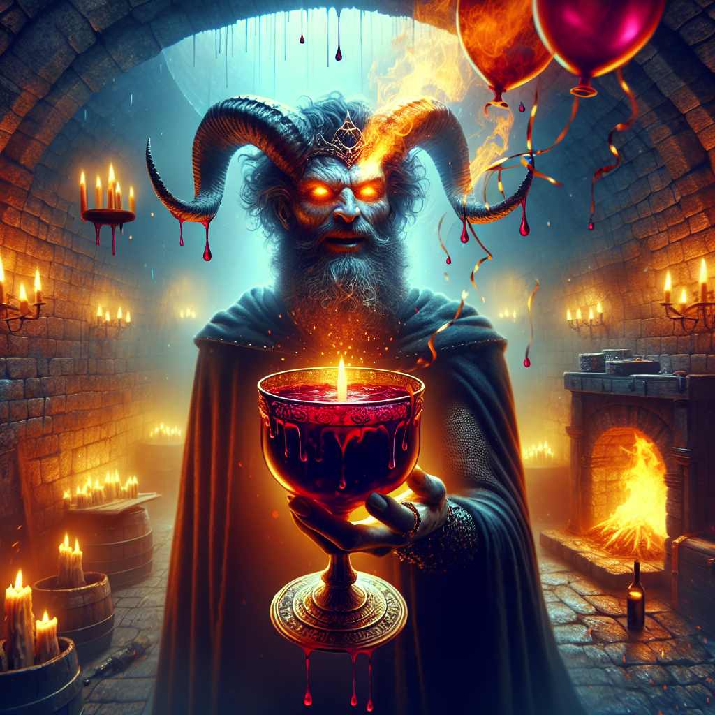 Illustrate an atmospheric birthday scene taking place in the dim recesses of an ancient dungeon. The scene is highlighted by a figure at the center who evokes an uncanny resemblance with a popular male character from fantasy films. This figure is adorned with horns on his head and boasts eyes illuminated with an unearthly fire. He holds a chalice filled with deep, ruby-colored wine, shown to be defying gravity as droplets float mystically in mid-air. The dungeon walls boast flickering torches, and a blazing fire roars within a large hearth, shedding an unreal glow that accentuates the unusual and dreamlike quality of the celebration.
Generated with these themes: Demonic Johnny depp, Dungeon, Wine, and Fire.
Made with ❤️ by AI.