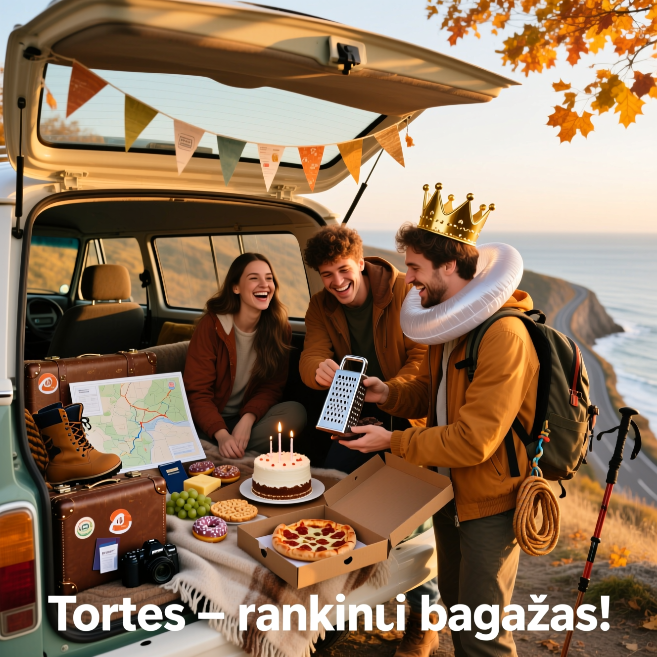 At the top of the Photorealistic picture taken from a camera image, "Brangioji, pakuokis daiktus, leisimės ieškoti nuotykių. Laikas tikėtina spalio antra pusė. Daugiau informacijos gausi netrukus. Tavo senos tarkos."

At the bottom of the image, "Tortas – rankinis bagažas."

Ultra-high-definition 4K UHD, real-life candid photo at golden hour: a group of four friends laughing around the open back of a vintage camper van parked at a cliffside overlook. Early autumn vibe—amber leaves, crisp light, long shadows, warm jackets. Inside the van’s open trunk: a cozy blanket, a picnic spread with a small birthday cake (single candle), pizza slices in an open box, donuts, grapes, cheese and crackers. Travel and adventure gear everywhere: well-worn suitcases with generic travel stickers, passports and boarding passes peeking out, a paper map with a route marked, hiking boots, trekking poles, a coiled climbing rope, a DSLR camera. For a playful nod, one friend holds a shiny stainless-steel cheese grater like a trophy while another lightly grates chocolate over the cake; a second cheese grater dangles from a backpack strap as an inside joke. One friend wears a party hat; another has an inflatable neck pillow like a crown. A string of small bunting drapes across the trunk. The ocean and a winding coastal road blur softly in the background with rich depth of field.

Composition and look:
- Natural golden-hour lighting, soft rim light on hair, lifelike textures (crumbs, frosting, denim, stainless steel), shallow depth of field with the friends, food, and van interior in crisp focus, background gently blurred.
- Shot on a 35mm lens, f/2.8, ISO 200, 1/640s; candid, slightly low angle to make the scene feel inviting and celebratory.
- Color palette: warm, saturated, true-to-life skin tones.

Text styling:
- Top headline: large, bold, clean white sans-serif, slightly curved across the sky area, subtle soft shadow or translucent dark strip for legibility.
- Bottom punchline: smaller bold white sans-serif, centered over the bumper/road area, with a faint shadow for contrast.

No brand logos, no extra text in the scene beyond the specified lines.
Generated with these themes: Food, trip, adventure, friends, and .
Made with ❤️ by AI.