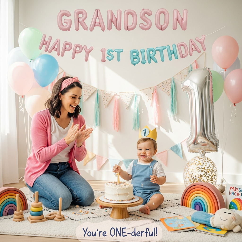 At the top of the Photorealistic picture taken from a camera image, Grandson Happy 1st birthday

Ultra-high-definition 4K UHD, lifelike, cute mood photograph of a sunlit playroom decorated for a first birthday. A cheerful children’s music educator inspired by Miss Rachel—friendly smile, brunette, soft pink headband, bright pastel cardigan over a white tee and jeans—kneels on a plush cream rug at child’s-eye level, encouraging clapping and simple baby sign. In front of her, a one-year-old grandson in a soft blue romper and tiny paper crown with a 1, frosting on his cheeks, giggles beside a small buttercream smash cake on a low wooden stand, rainbow sprinkles scattered on the rug. Pastel balloons and streamers, a big silver number 1 balloon, triangular bunting, confetti bokeh; nearby wooden stacking rings, rainbow arches, colorful picture books, and a simple friendly hand puppet. Natural window light from the left with soft shadows and warm airy tones; shallow depth of field with creamy background bokeh; crisp lifelike skin textures and cake details; subtle lens flare. Camera: full-frame DSLR, 50mm prime, f/1.8, ISO 200, 1/250s; realistic color grading and rich depth. Integrate the top text as soft pastel balloon letters gently arcing across the upper frame. Small caption near the bottom in playful handwritten script: You’re ONE-derful!
Generated with these themes: Miss Rachel , and .
Made with ❤️ by AI.