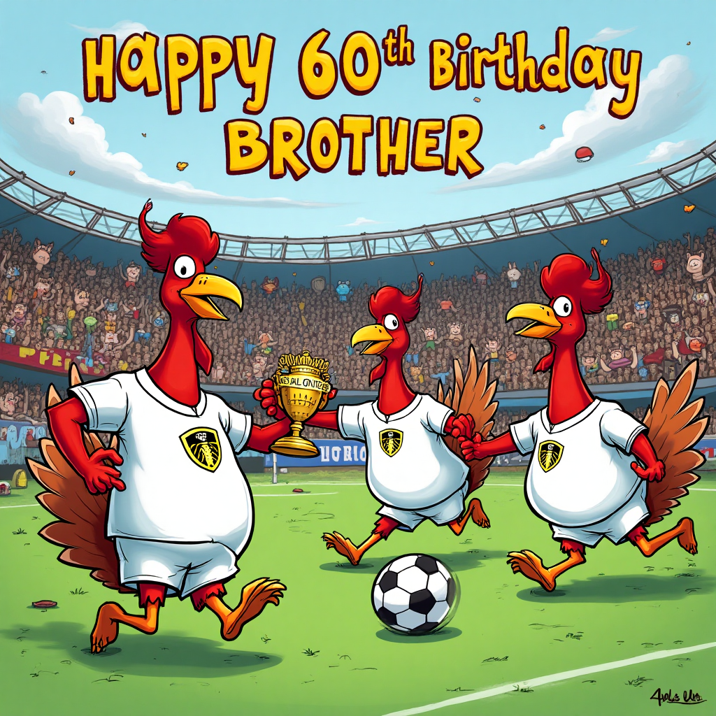 At the top of the Cartoon Style image, the text reads: "Happy 60th Birthday Brother".

**Image Prompt:**

Imagine a bustling, whimsical cartoon scene where a group of animated pheasants, donning oversized Leeds United white jerseys, are hilariously attempting to play soccer. Their wings flail about comically as they chase after a cartoonishly large soccer ball, with some pheasants slipping and sliding across a vibrant green field. One pheasant, sporting a captain's armband, stands proudly at the center, holding a small trophy labeled "Feathered League Champs." 

In the background, an enthusiastic crowd of pheasant fans, each wearing tiny blue and yellow scarves, cheer wildly from the stands. Above the scene, in playful, bold letters, a cheeky caption reads: "60 is the new goal post!" 

The overall image is bursting with vibrant colors and energetic poses, capturing a fun and humorous celebration on this special birthday.
Generated with these themes: Pheasant guns Leeds united playing in white, and .
Made with ❤️ by AI.