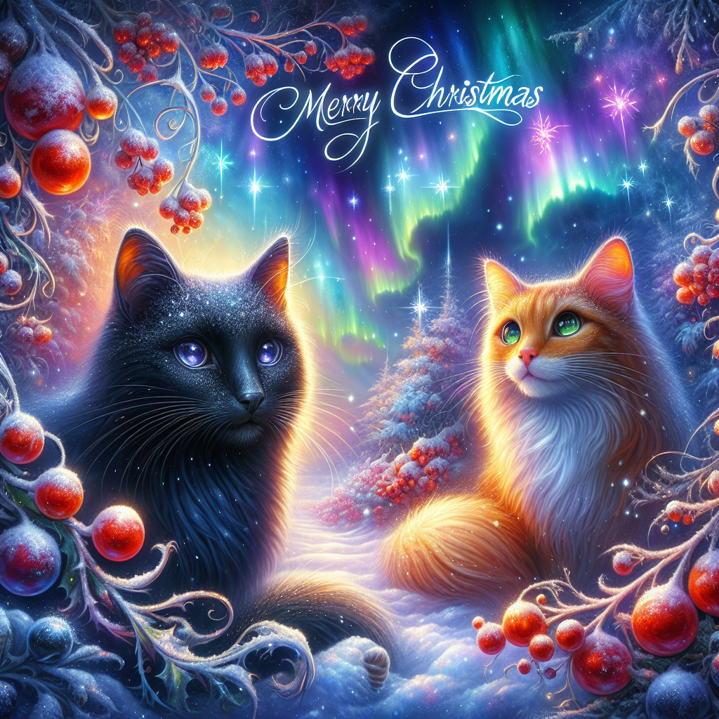 Ethereal northern lights dance over a surreal Winter Wonderland where a black cat with silver whiskers and a ginger cat with amber eyes stand among snow drifts, a delicate dusting of white on their coats. Above them, the phrase 'Merry Christmas' is shaped by the stars. The scene is framed by twisted holly branches heavy with berries, weaving through the fantastical tableau.
Generated with these themes: Black cat, Ginger cat, Snow, and Holly.
Made with ❤️ by AI.