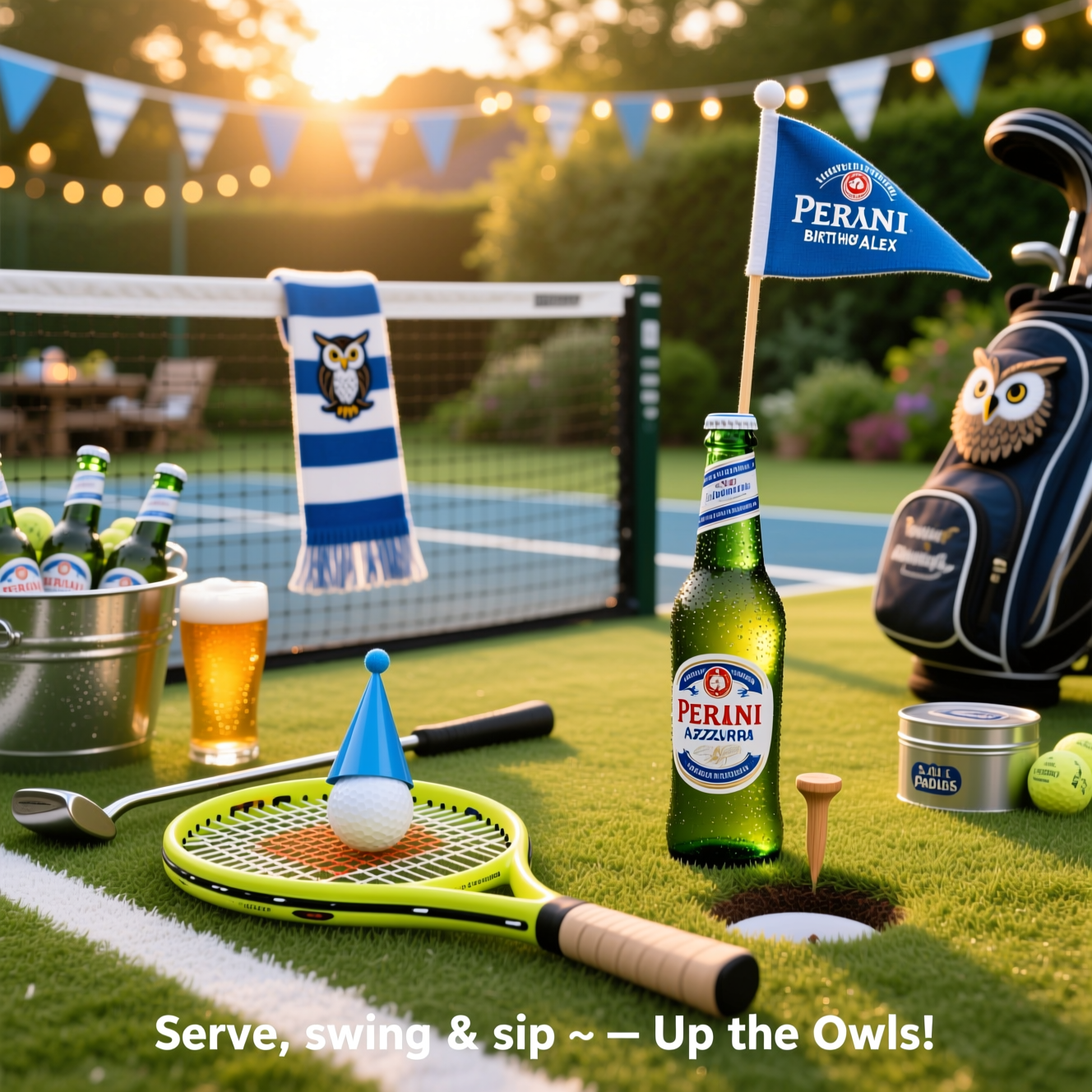 At the top of the Photorealistic picture taken from a camera image, Happy 30th Birthday Alex

Ultra-high-definition 4K UHD, photorealistic, true-to-life camera photograph in a warm golden-hour beer-garden. Foreground: on a pristine, short-cut putting green laid across a padel court baseline, a bright padel racket lies on the turf with a white golf ball nestled comically in its strings, wearing a tiny blue party hat. A polished putter rests nearby and a wooden tee sits askew. Center-right: the golf hole doubles as a flag—an ice-cold Peroni Nastro Azzurro bottle standing upright in the cup like a pin, glass beaded with condensation, label clearly visible, catching the amber glow. Midground: a taut padel net draped with a Sheffield Wednesday blue-and-white striped scarf (owl crest visible), gently fluttering. To the left, an ice bucket crammed with Peroni bottles and a half-poured pint with a foamy head; to the right, a golf bag with an owl headcover peeking out and a tin of padel balls. Background: soft bokeh fairy lights, subtle blue-and-white bunting, lush garden greenery; playful, celebratory, and funny. No people in frame.

Camera style: full-frame DSLR look, 50mm prime, f/1.8, ISO 100, 1/500s; shallow depth of field with crisp micro-contrast on condensation, turf blades, and racket textures; accurate lighting, natural shadows, rich depth of field.

At the bottom of the Photorealistic picture taken from a camera image, small cheeky caption text: Serve, swing & sip — Up the Owls!
Generated with these themes: Peroni beer, sheffield wednesday, padel, golf, and .
Made with ❤️ by AI.