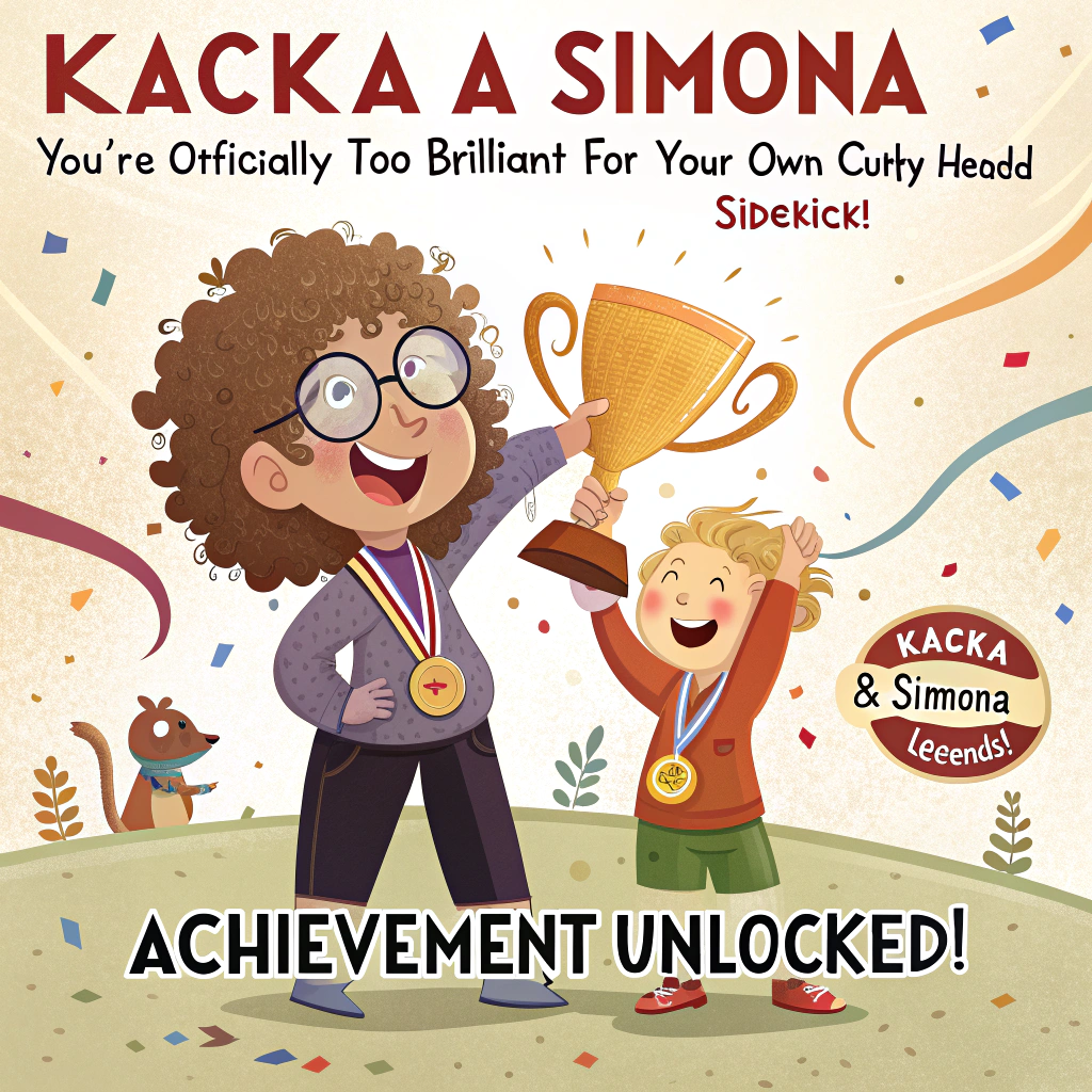 At the top of the image, "Kačka a Simona—You're officially too brilliant for your own curly-headed sidekick!"

– Illustrate a hilarious cartoon scene: a small boy with a mix of blonde and brown curly hair wearing oversized glasses, proudly holding a giant "Achievement Unlocked!" trophy that's almost twice his size. Next to him, Kačka and Simona stand beaming with medals around their necks and confetti exploding in the background. A tiny squirrel on the side holds a "Kačka & Simona = Legends!" banner.
Generated with these themes: Little boy with blonde and brown curly hair, and .
Made with ❤️ by AI.