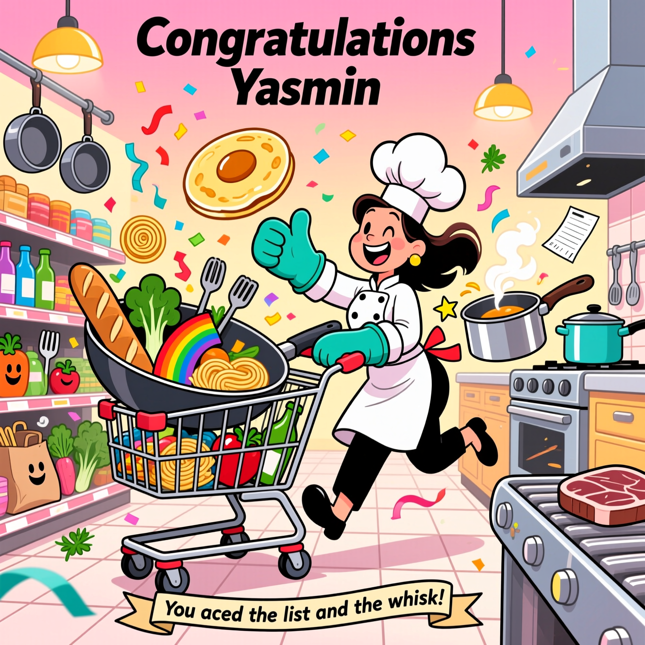 At the top of the Cartoon Style image, "Congratulations Yasmin"

A big, bold, funny Cartoon Style scene blending cooking and shopping: In a vibrant supermarket-meets-kitchen, a triumphant chef character dashes forward pushing a shopping cart that’s actually a giant frying pan on wheels. She’s in a dynamic, whimsical pose with oversized oven mitts, a puffy chef hat, and a huge grin, flipping a pancake high into the air while steering. The pan-cart overflows with bright, bouncy groceries—rainbow veggies, baguettes, pasta spirals flying like party streamers, bottles, pots, and utensils—tumbling in a joyful, chaotic arc. A second pot “rides shotgun,” catching the flipping pancake with a burst of star-shaped steam. Around her, the tiled kitchen floor morphs into a grocery aisle; hanging pots double as store lights; a conveyor-belt counter sizzles with a cartoon steak. Cheeky, smiling vegetables and utensils cheer from the shelves (no readable labels), with confetti-like herbs and blank receipt ribbons swirling. Exaggerated proportions, thick black outlines, and ultra-saturated candy colors (sunny yellow, lime green, candy red, aqua blue, bubblegum pink). Energetic motion lines, glossy highlights on metal, soft cel-shading, and a playful gradient background keep the focus on the action.

At the bottom, on a small ribbon banner, one short cheeky line: "You aced the list and the whisk!"
Generated with these themes: Cooking, shopping, and .
Made with ❤️ by AI.
