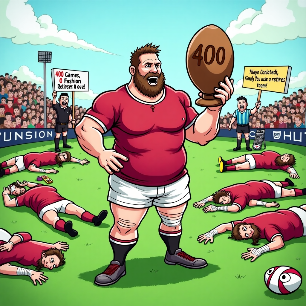 **Prompt for the Image:**

*At the top of the cartoon image: "Goodey Smashes 400... and Still Has All His Teeth (Probably)"*

**Image Description:**

Create a cartoon-style rugby field scene. In the centre, draw Goodey — a rugged, slightly muddy rugby player with exaggerated muscles, holding a trophy shaped like a giant rugby ball with the number "400" carved into it. Around him, other cartoon rugby players look exhausted, bruised, and bandaged, sprawled out dramatically as if they've played in all 400 matches with him. A referee in the corner holds a calculator, looking baffled and sweating.

In the background, fans hold a massive banner that reads: “400 Games, 0 Fashion Sense!” while someone cheekily waves a sign: “Bench finally gives up — retires too.”

Include subtle, funny background elements like a walking stick next to his water bottle and a rugby ball with eyes, trying to roll away. Keep the colors bright and the mood celebratory and silly.
Generated with these themes: Rugby 400 appearances.
Made with ❤️ by AI.