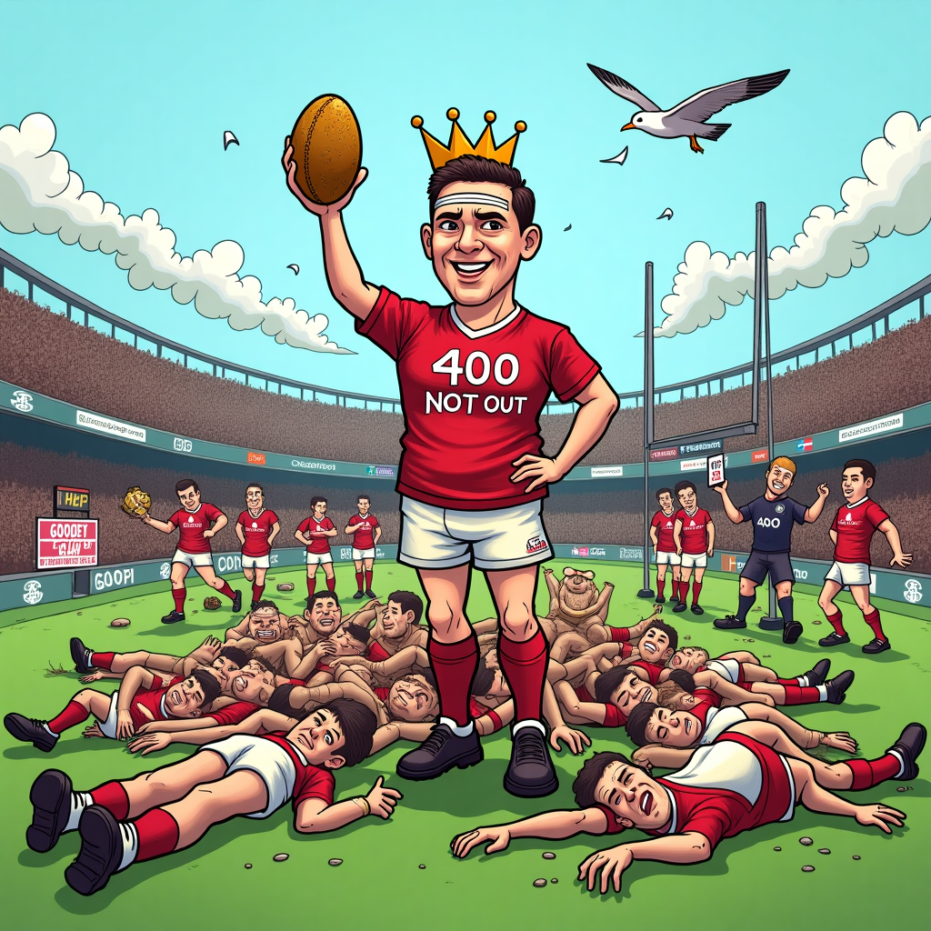 **Image Prompt:**  
A cartoon rugby field, chaotic and hilarious in every corner. In the centre, Goodey stands tall, covered head to toe in mud, with a crown made of broken goalposts, holding a worn-out rugby ball like a trophy. His jersey reads "400 NOT OUT" and he’s got a bandaid over each eyebrow and a proud grin. Surrounding him are exaggeratedly exhausted teammates and dazed opponents – some wrapped in bandages, some lying dramatically flat on the pitch like they’ve been run over. One referee is trying to climb out of a scrum-pile, holding a sign that reads “GOODEY AGAIN?!”.

A little scoreboard in the background reads:  
“Goodey 400, Everyone Else: Bruised.”  
Above them all, a seagull flies past dragging a tiny banner that says “Help”.

**At the top of the cartoon image:**  
"Goodey Hits 400 – Still More Caps Than Teeth!"
Generated with these themes: Rugby 400 appearances.
Made with ❤️ by AI.