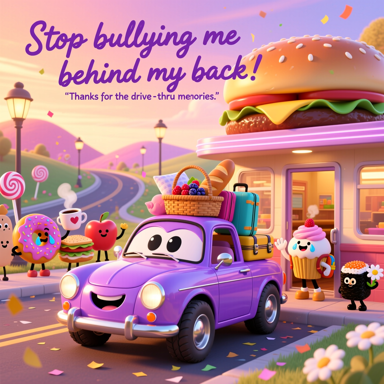 At the top of the Cartoon Style image, stop bullying me behind my back

Portrait orientation, image-first composition. Render the above line small and sincere in warm lavender hand-lettered script with gentle wobble, centered and airy at the top so the artwork fills most of the frame.

A heartfelt farewell scene at golden hour outside a cozy retro diner shaped like a giant burger. In the foreground, a glossy, cartoonish purple car with huge round headlight “eyes,” a soft smile, and chunky tires, packed with colorful suitcases and a picnic basket brimming with baguette, berries, and a donut-shaped travel pillow. One door is open; a cute cupcake character with a tiny backpack pauses with one foot inside, turning to give a bittersweet wave.

To the left, a small crowd of anthropomorphic food friends in playful, exaggerated proportions: a sprinkle donut dabbing a tear, a steaming coffee cup with heart-shaped steam offering a warm hug to a shy sandwich, a bright apple waving, and a sushi roll holding a little flower. Their expressions are tender and supportive—teary-eyed but smiling—posed with whimsical, energetic gestures.

Background: a winding road disappearing into candy-colored hills, lollipop-style streetlamps, and a soft gradient sky of saturated peach, pink, and violet. Golden sunlight kisses the purple car with sparkly highlights; long, soft shadows add warmth. Confetti-like leaves and daisies dot the roadside. Thick black outlines, bold saturated colors, and bouncy motion lines throughout.

Add one tiny extra line of text: “Thanks for the drive‑thru memories.” Place it discreetly as a single-line bumper sticker on the purple car (or a small roadside sign), subtle and secondary to the main top text.

Keep the overall tone sincere and warm. No additional text beyond these lines.
Generated with these themes: Food, Purple car, and .
Made with ❤️ by AI.