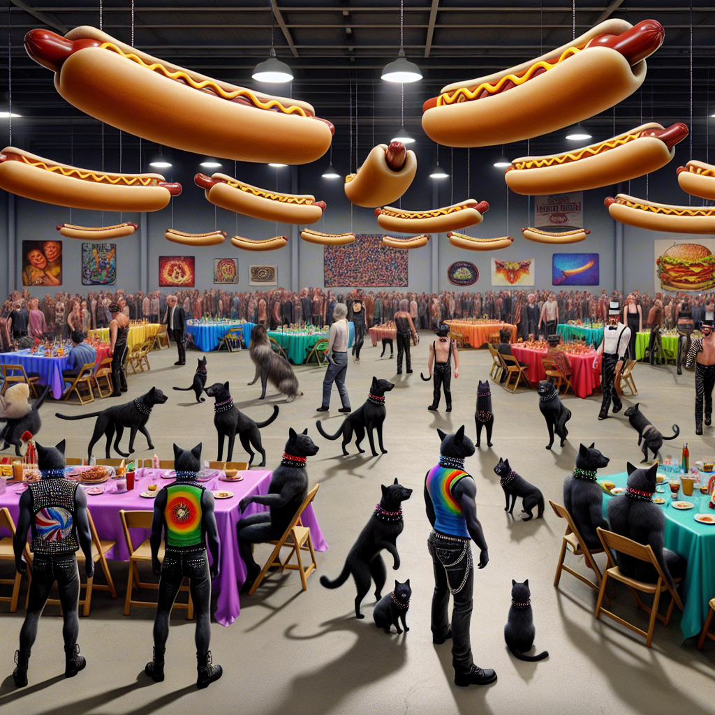 Imagine a birthday party scene in a highly detailed, ultra-realistic setting. Black cats who are anthropomorphized and identified as gay strut around in punk rock styled vests, their necks adorned with collars flaunting the colors of the rainbow. The party decor, possessing an eclectic charm, seems to draw inspiration from the expansive aisles of a wholesale goods store, with oversized representations of hot dogs hanging from the ceiling. This serves dual purposes as a surrealist style element as well as a playful reference to a popular snack counter item. The guests' entertainment comes in the form of a company of gymnasts who display various dog-like agile movements. Their flipping and leaping actions are performed against the backdrop of punk rock music that fills the air, providing an energetic ambiance to the festive proceedings.
Generated with these themes: Gay black cats, Costco wholesale, Hot dogs, Gymnastics, Dogs, and Punk rock.
Made with ❤️ by AI.