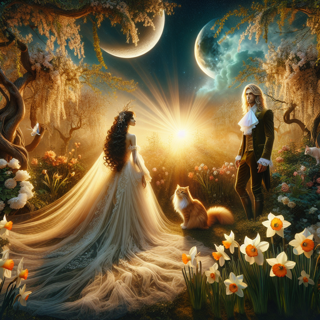 Dark curly haired Bride , Long haired blonde Groom , Sun, Moon, Ginger and white cat , Garden wedding , and Daffodil Wedding Card