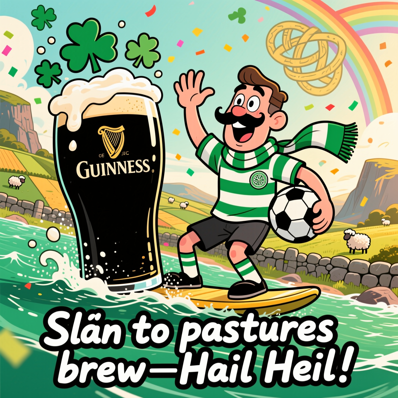 Playful cartoon, thick black outlines, bright saturated colors, whimsical energetic poses. Funny farewell scene: an adult Celtic FC superfan with exaggerated proportions (big head, expressive eyes, lanky limbs) in green-and-white hooped Celtic jersey and scarf (with the Celtic crest), surfing a giant glossy pint of Guinness across a sparkling emerald sea that subtly forms the shape of Ireland. The pint is inky black with a creamy foam crown bursting into shamrock shapes, Guinness harp logo on the glass; the fan has a foamy moustache, waves goodbye with one hand and clutches a football with the other, scarf whipping in the wind. Background: rolling patchwork fields, stone walls, tiny sheep, distant cliffs and a rainbow, swirling Celtic knot motifs in the sky; confetti of shamrocks; upbeat, bouncy mood. Lighting: warm golden-hour glow, cel-shaded rendering, dynamic low-angle wide view. Color palette: emerald greens, cream white, stout black, gold accents. Composition: large central focus, minimal clutter. Include one cheeky hand-lettered line at the bottom in bold white with a black outline: “Slán to pastures brew—Hail Hail!” Avoid any other text.
Generated with these themes: Guinness, Ireland, Celtic Football Club, and .
Made with ❤️ by AI.