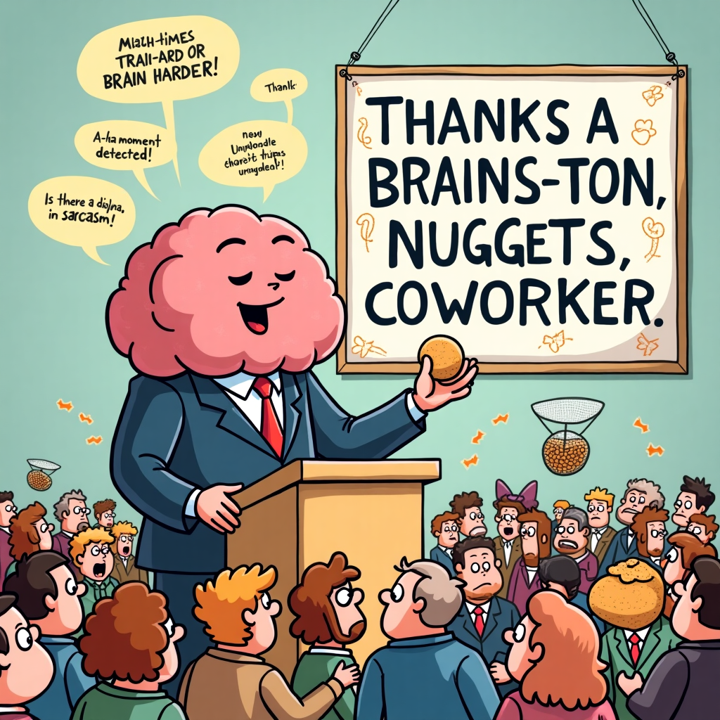 At the top of the illustration image, "Thanks a Brains-ton, Coworker!"

**Image Prompt:**  
A cartoon brain in a business suit is standing at a podium, handing out “Knowledge Nuggets” like golden chicken nuggets to a goofy crowd of mini versions of the sender (complete with wide-eyed expressions and oversized notebooks). One mini-me is bowing in thanks while another tries to catch a flying nugget with a butterfly net. In the background, a large motivational office poster reads “Train Hard or Brain Harder!” with doodles all over it. Floating above the scene are speech bubbles that say things like “A-ha moment detected!” and “Is there a diploma in sarcasm?”  

Colorful, energetic, and a bit bonkers—like your favorite workplace meeting with way too much coffee.
Generated with these themes: Appreciate the knowledge training and opportunity to.
Made with ❤️ by AI.