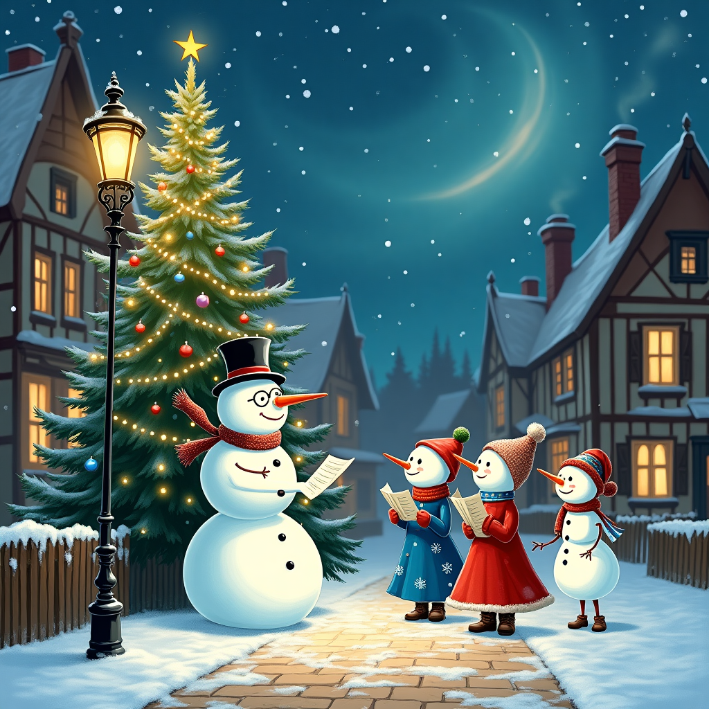One with hat and glasses, one snowman with hat,  one snowwoman with skirt, one snowwoman wearing a red dress , singing carols on a winter snowing night with a Christmas tree in background and an old street lamp Christmas Card