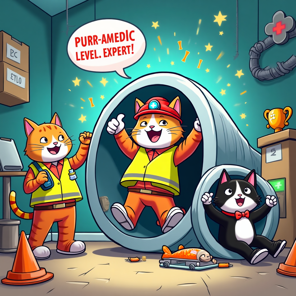 At the top of the Cartoon Style image, "Mastered it!"

Playful cartoon scene with exaggerated proportions, thick black outlines, and bright, saturated colors. Inside a lively search-and-rescue training bay, a team of paramedic cats runs a confined-spaces simulation. Center stage: a triumphant calico paramedic cat in a neon high‑vis vest and tiny helmet headlamp bursts out of a super-tight silver air duct, clutching a plush mouse “training dummy” like a rescue. On the left, an orange tabby paramedic with a radio and oversized clipboard does a celebratory fist-pump; on the right, a tuxedo cat is hilariously wedged halfway through a clear tube, one cheek smooshed, giving a paws-up. Above the wedged cat, a small speech bubble reads: “Purr-amedic Level: Expert!”

Around them, a whimsical maze of ducts, cardboard boxes, rope lines, and practice stretchers suggests the simulation course; yarn-ball traffic cones, a goldfish-shaped trophy on a table, and a tiny cat-sized ambulance with flashing paw-print lights add to the comedy. Dynamic motion lines, starburst accents behind the hero cat, and confetti fishbones amplify the celebration. Keep expressions big-eyed and joyful, poses energetic and bouncy, and the palette bold (teal, coral, sun-yellow, lime).
Generated with these themes: Paramedic, Cats, Simulation, Confined spaces, Search and rescue, and .
Made with ❤️ by AI.