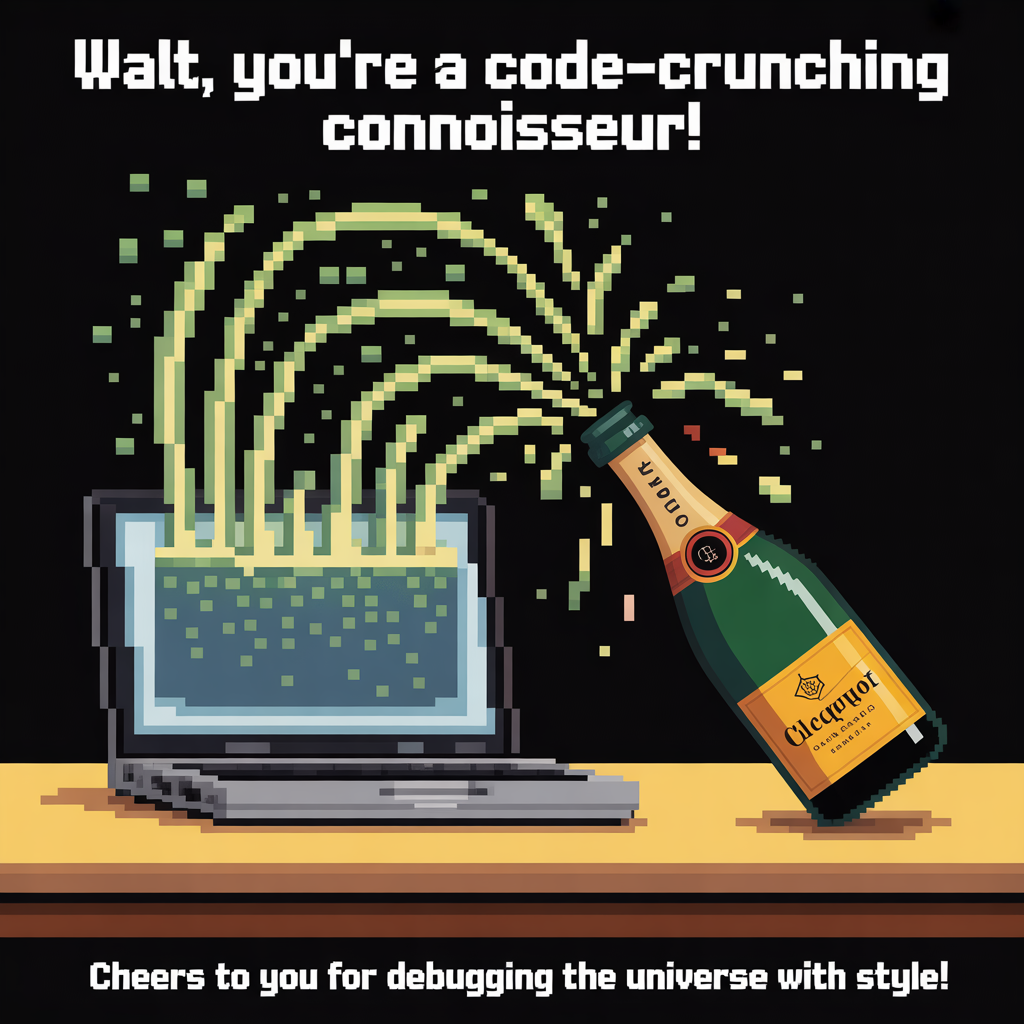 At the top of the image, "Walt, You're a Code-Crunching Connoisseur!"

In the center of the image, create a vibrant 8-bit scene: A pixel art laptop sits open, emitting beams of code that look like streams of green champagne bubbles. To its side, a Clicquot champagne bottle pops open, with digital confetti pouring out, mimicking the laptop's code in celebration.

At the bottom of the image, add "Cheers to You for Debugging the Universe with Style!"
Generated with these themes: Coding, Laptop, Clicquot champagne, and .
Made with ❤️ by AI.