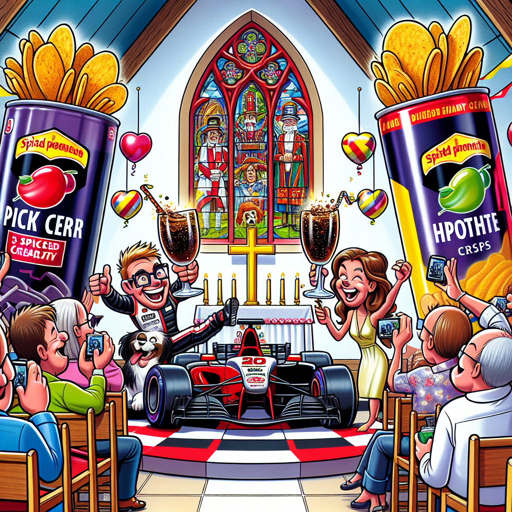 A jovial cartoon is showing a birthday party happening in a church uniquely designed like a Formula One pit stop. Cartoon representations of two enthusiastic racing car drivers and excited dogs with racing stripes are celebrating, cheerfully clinking glasses filled with fizzy dark cherry cola. The altar is humorously decorated with huge cans of spiced potato crisps, adding to the festive mood. The church's stained-glass windows are awash with the vibrant colors of the race. Party guests are laughing and capturing the fun moments, as the church bell chimes harmoniously with birthday tunes.
Generated with these themes: Formula one, Schumacher, Dogs, Pepsi max cherry , Paprika pringles, and Church.
Made with ❤️ by AI.