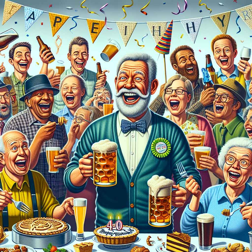 Create a comical image that captures a bustling 40th birthday celebration. The center of attention is an jovial man of Caucasian descent, brandishing a frothy German beer in one hand and a fork full of pie in the other. Surrounding him is a diverse group of individuals of all genders and descents, characterized by their exaggeratedly animated conversations and their indulgence in a variety of mouth-watering party snacks. They are all depicted with larger-than-average physique, further accentuating the scene's comedic undertone. A slightly askew birthday banner hangs overhead, enhancing the atmosphere of fun-filled chaos.
Generated with these themes: German beer, Boobs , Eating content , Rambling , 40th, and Pie.
Made with ❤️ by AI.