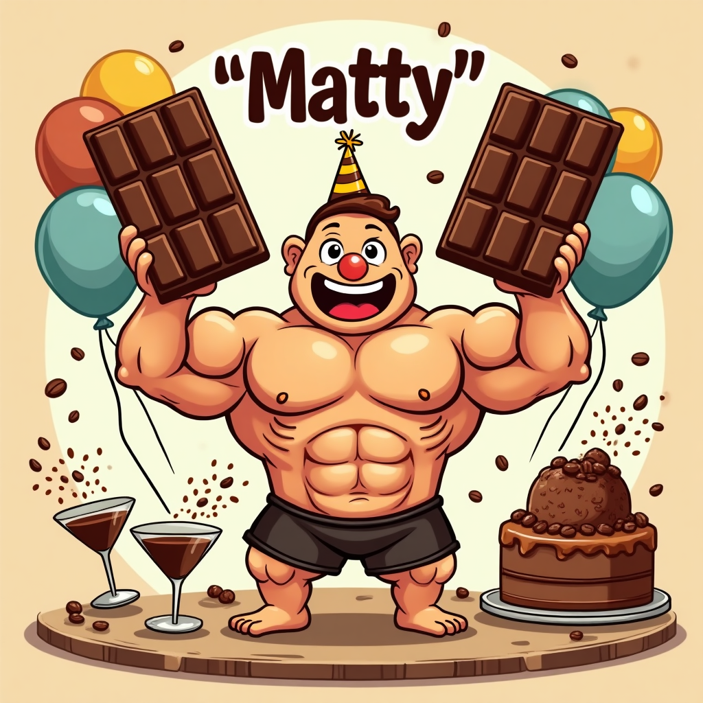 At the top of the Cartoon Style image, write in big, bold, bouncy letters: **“Matty”**  

A playful cartoon scene: A super-cute, chubby-cheeked bodybuilder character with oversized muscles flexing proudly, but instead of dumbbells they’re lifting giant bars of chocolate like weights. Around their feet are little espresso martini glasses cheering them on like tiny friends, some splashing happy little coffee-bean confetti in the air. The bodybuilder is grinning, with sparkly eyes, and wearing a party hat slightly tilted. Balloons shaped like chocolate truffles float in the background, and there’s a big birthday cake decorated with mini espresso martini glasses perched nearby. Bright, saturated colors, thick black outlines, and an energetic, fun cartoon style make the whole scene pop with celebration and cuteness.  

At the bottom, add a cheeky text line: **“Flex those choco-muscles, birthday champ!”**  
Generated with these themes: Body building , Chocolate , Expreso Martin , and .
Made with ❤️ by AI.
